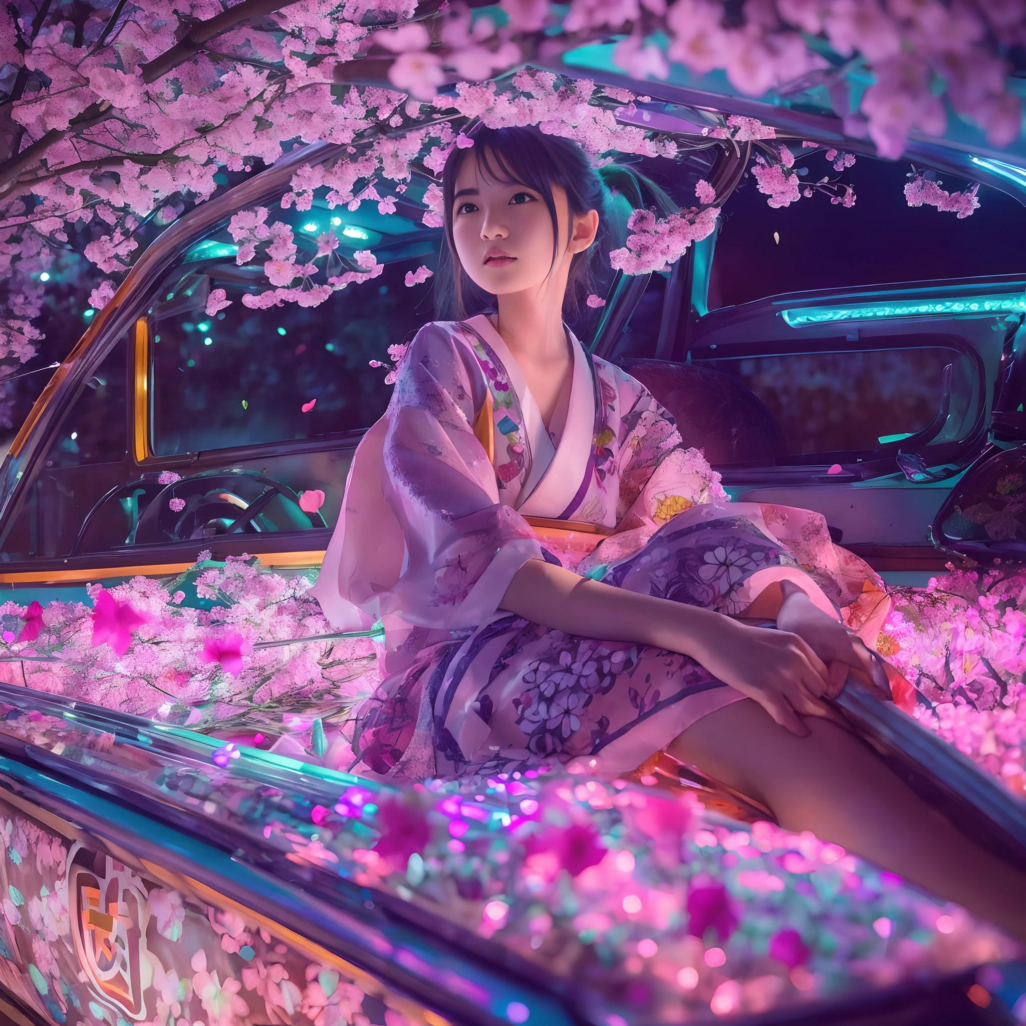 Photo: A girl in a dreamy pose, lying atop a 'dekotora' (decorated truck) with radiant neon lights, surrounded by a flurry of cherry blossoms. The wind carries the petals around her, creating a whimsical atmosphere.
