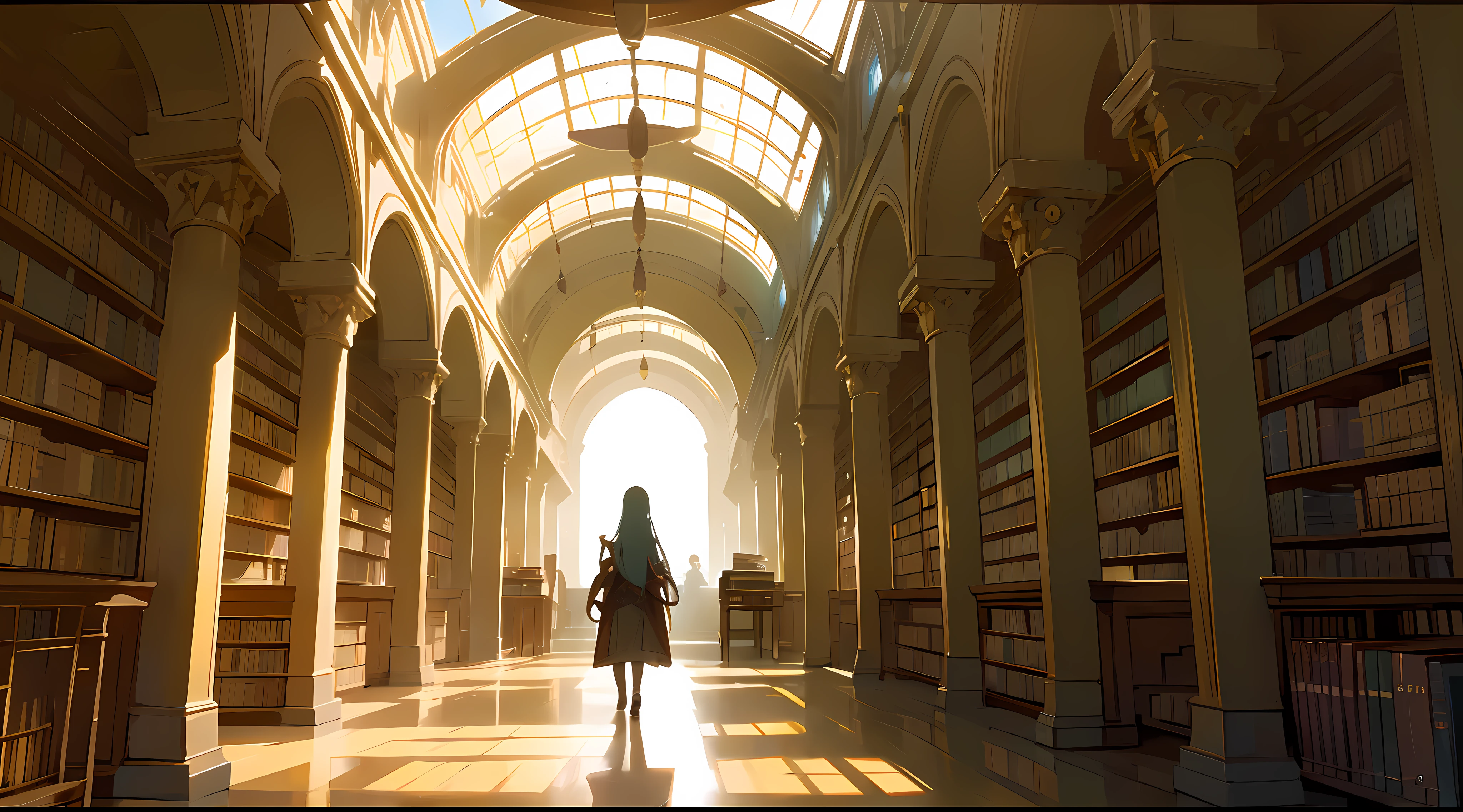 a picture taken from the inside of a magic infinite endless exotic library, giant library background, endless books, anime background art, dusty library, books cave, background = library, alchemist library background, library of babel, books all over the place, in a exotic magical endless library, filled with books, library of ruina concept art, japanese fantasy library full of books art, exotic, sunlight rays shining from left, cinematic camera angle, low camera position, depth of feild, cosy, asthetic, no humans in scene, endless library, fantasy medevial, exotic books, ((giant library with very long halway, the hallway has no visible ending)