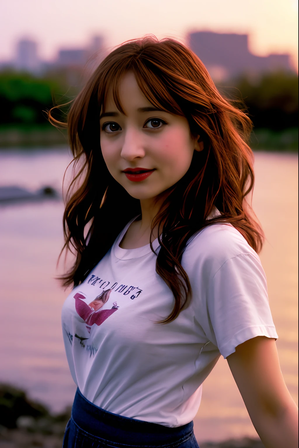 Best quality long hair , , Caucasian Allison Mack , red lips , women , dark hair , happy , blurry, soft skin, , expressive eyes , , , at river sunset ,, , t-shirt, jens pants