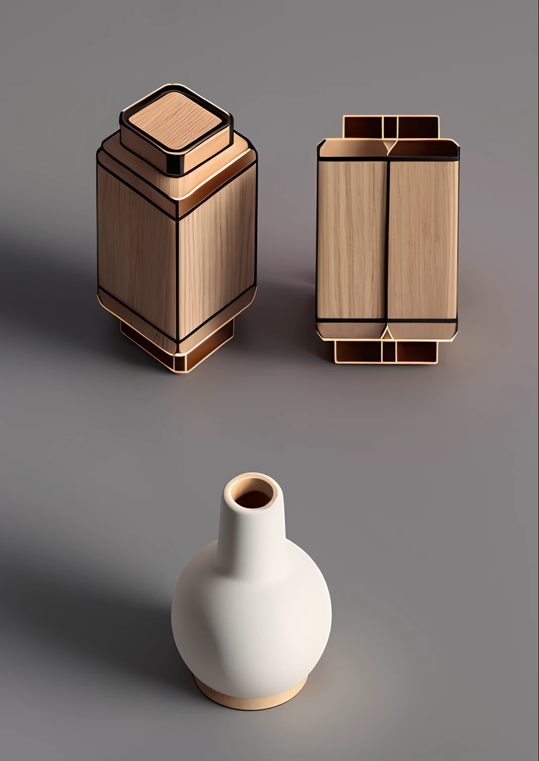 there is a small wood vase with a small on top and bottom perfect shaped, highly detailed product photo, designed in blender, by Artur Tarnowski, cone, miniature product photo, bottle, close portrait, product photography, product design render, rendered in cinema 4 d, light cone, rendered in cinema4d, product design shot , put texture Thai at middle product design.