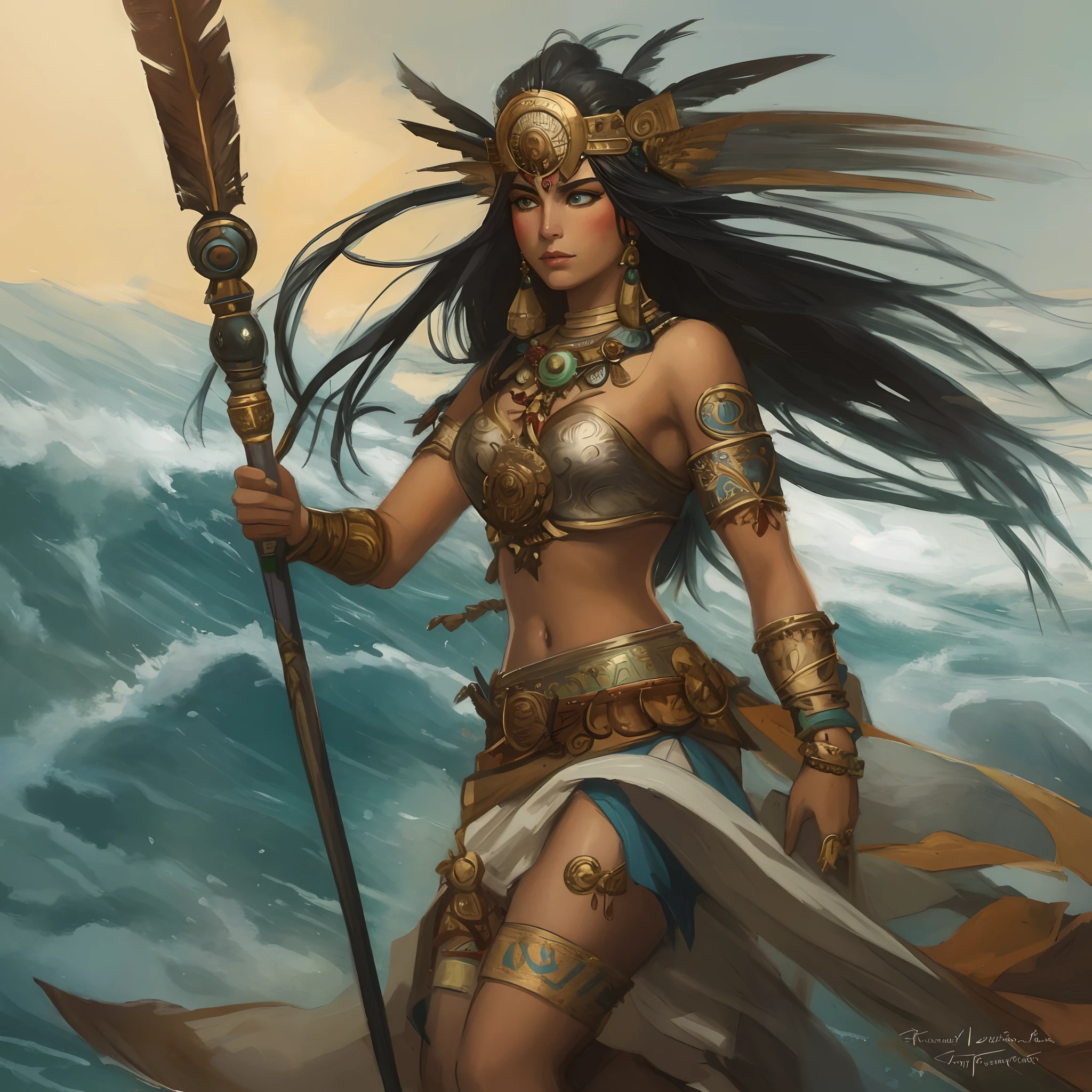 a painting of a woman with a spear and a feather, portrait of mermaid warrior, aztec warrior goddess, atlantean warrior, warrior woman, mystical atlantean valkyrie, north female warrior, female warrior, apsaras warrior, a beautiful woman warrior, beautiful female warrior, north adult female warrior, artgerm julie bell beeple, tyler edlin fantasy art