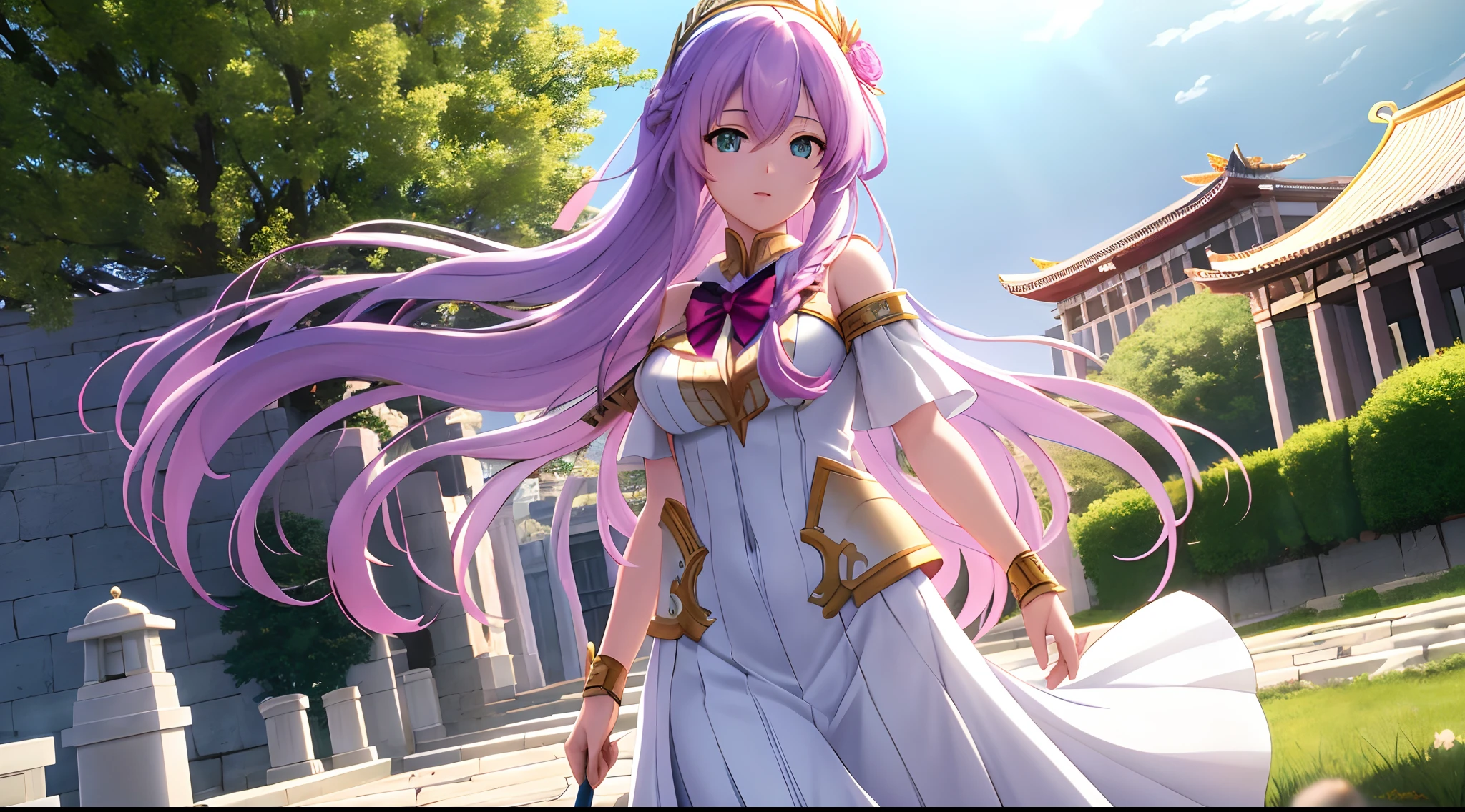 Athena with plain long light purple hair,hair between eyes,green eyes,rosy cheeks,full lips,thin eyebrows,slender body,wearing ethereal regal attire and full long skirt,cute anime girl,full body,athens temple roof in background,anime style,Lumen Reflections,Screen Space Reflections,Diffraction Grading,Chromatic Aberration,GB Displacement,Scan Lines,Ray Traced,Anti-Aliasing,FXAA,TXAA,RTX,SSAO,Shaders,OpenGL-Shaders, GLSL-Shaders,Post Processing,Post-Production,cell Shading,Tone Mapping,CGI,VFX,SFX,insanely detailed and intricate, 4K,standing, solo, masterpiece, best quality, detailed face, detailed eyes, highres, standing, solo,masterpiece, best quality