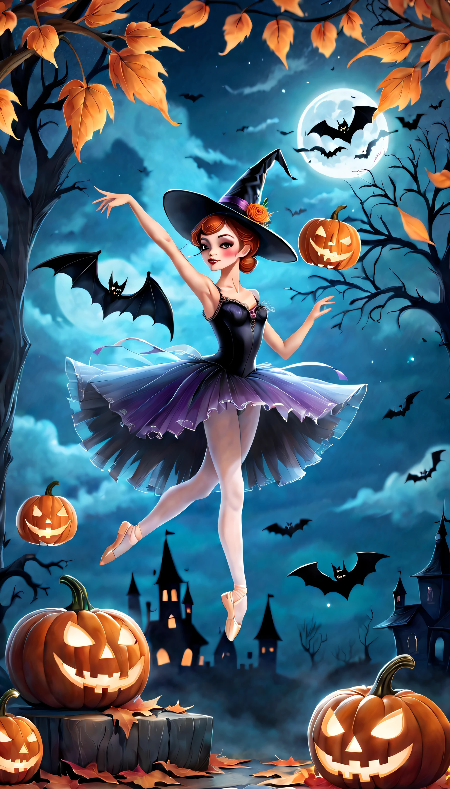 halloween theme,A ballerina,Wear a Halloween costume,ballet slippers,Vivid colors,Light jump,wings,A calm and delicate posture,Mesmerizing pointe technique,Delicate and precise footwork,Exquisite balance and control.Witch hat,Spooky makeup,background inside dark,Boers and bats,hauntingly beautiful,nighttime scene,Fallen leaves,pumpkin lantern,Terrible truth,Enchanting moonshine,Haunted mansion silhouette.((Best quality,Masterpiece:1.2,photo-realistic:1.37,Halloween:1.2))