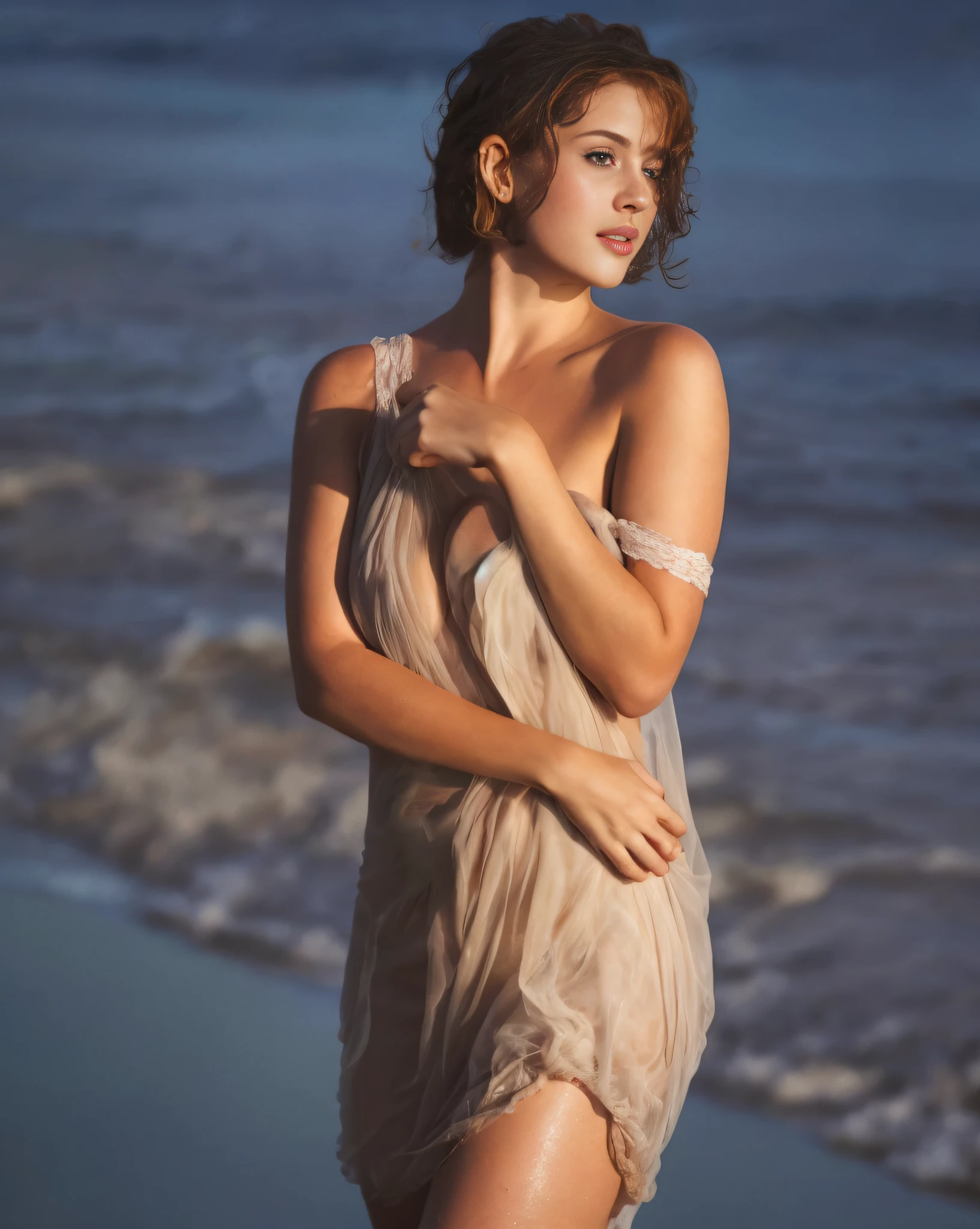 arafed redhead woman with long curly redhead in a dress standing on the beach near the ocean, gorgeous woman, posing on a beach with the ocean, soft light from the side, on beach, draped in transparent cloth, no bra