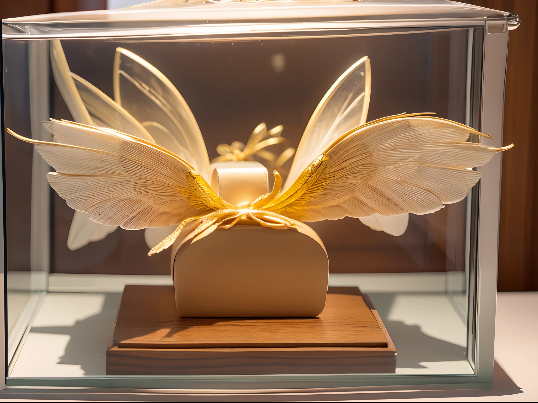 A gift box sits on a glass display case,There is a cute pair of wings in the box,No Man