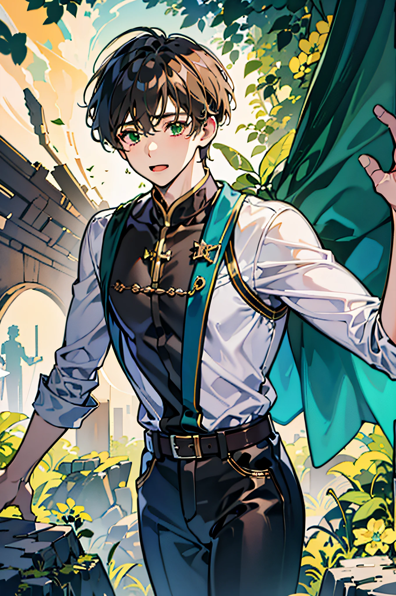 (in 8K、top-quality、​masterpiece:1.2)、1 boy、short-haired、Hair short、Brown-skinned、Green View、