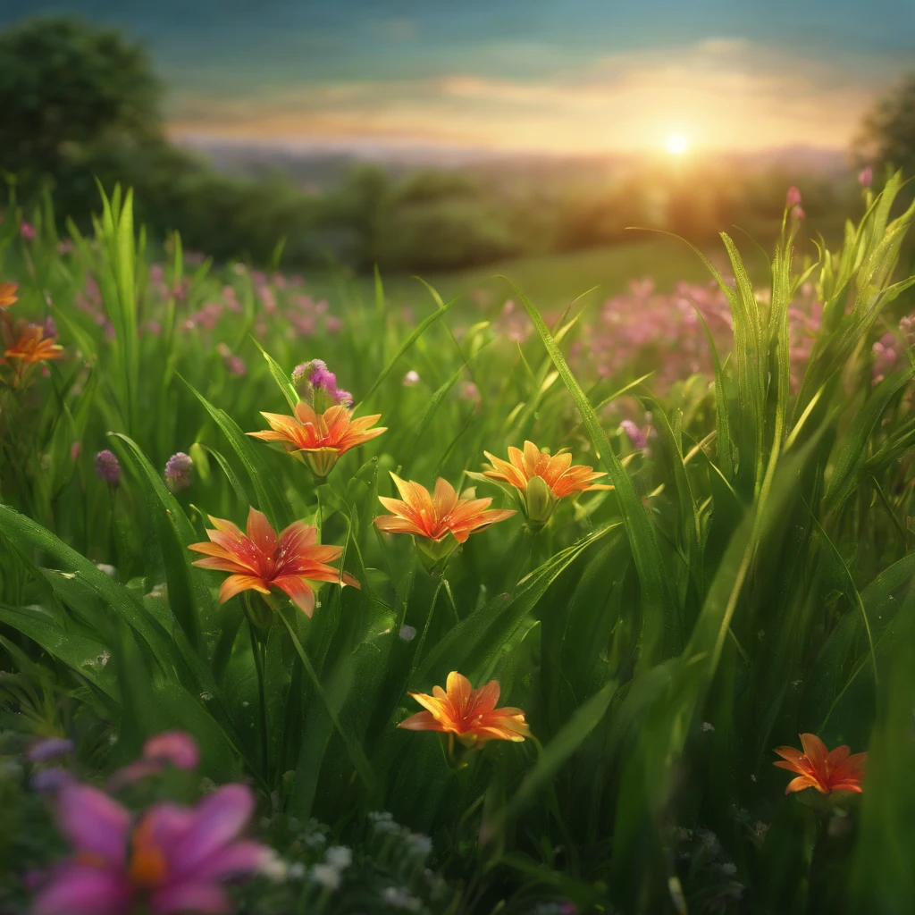 (a flowering grass): beautiful and vibrant flowers, lush green leaves glistening with dewdrops, magical atmosphere, realistic movie-like rendering, cinematic 3D rendering, lifelike CGI rendering, depicted as a 3D rendering