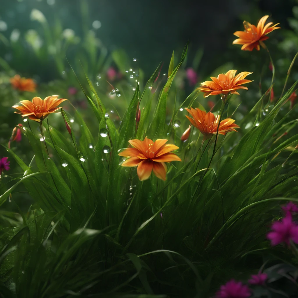 (a flowering grass): beautiful and vibrant flowers, lush green leaves glistening with dewdrops, magical atmosphere, realistic movie-like rendering, cinematic 3D rendering, lifelike CGI rendering, depicted as a 3D rendering