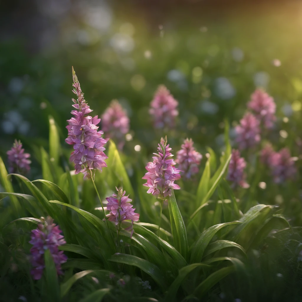 (a flowering grass): beautiful and vibrant flowers, lush green leaves glistening with dewdrops, magical atmosphere, realistic movie-like rendering, cinematic 3D rendering, lifelike CGI rendering, depicted as a 3D rendering