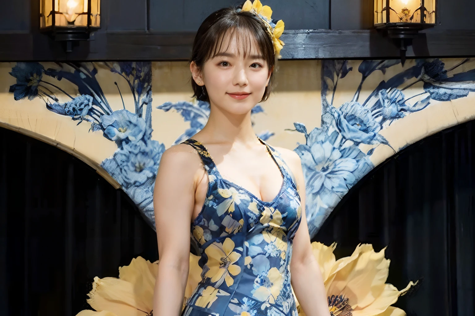 78
(20-year-old princess,is standing), (A hyper-realistic), (Masterpiece), ((short-hair:1.46)), (Smooth black hair), (breast:1.0), (kindly smile:0.9), (Blue and Yellow Floral Dress:1.46), Majestic palace, orange lipstick