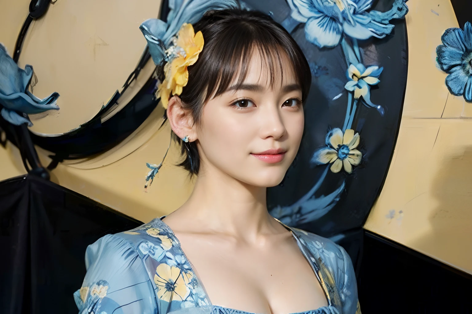 78
(20-year-old princess,is standing), (A hyper-realistic), (Masterpiece), ((short-hair:1.46)), (Smooth black hair), (breast:1.0), (kindly smile:0.9), (Blue and Yellow Floral Dress:1.46), Majestic palace, orange lipstick