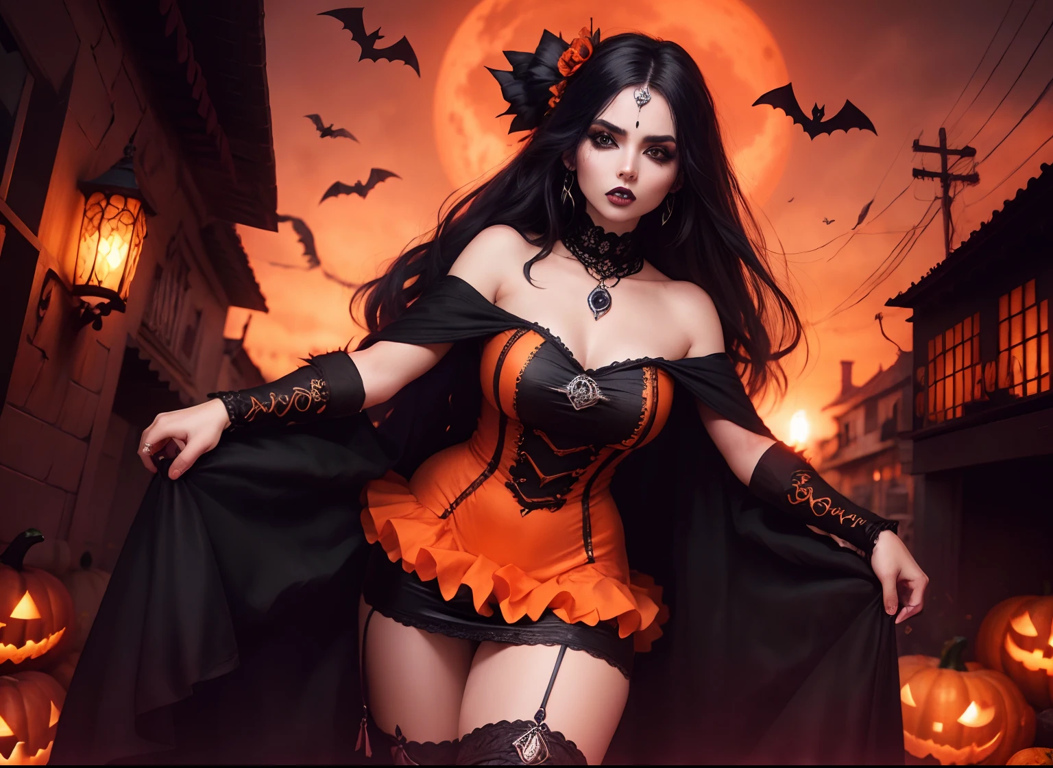 1 mulher solo, blusa curta rasgada, caida no ombro e mini saia, meias longas rasgadas, botas de cano longo, peitos grandes, quadril largo, estilo halloween, Pumpkin head, dia das bruxas, noite de halloween, Orange smoke, maquiagem halloween, lo gothic, sexy, Standing posing for the camera, Orange and black smoke in the background of the image, luvas prestas, rua escura, rosto ultra realista e detalhado, olhos brilhantes bem detalhado, riqueza de detalhes, fotografia realista, fantasia halloween, graveyard, tombs, fantasmas.