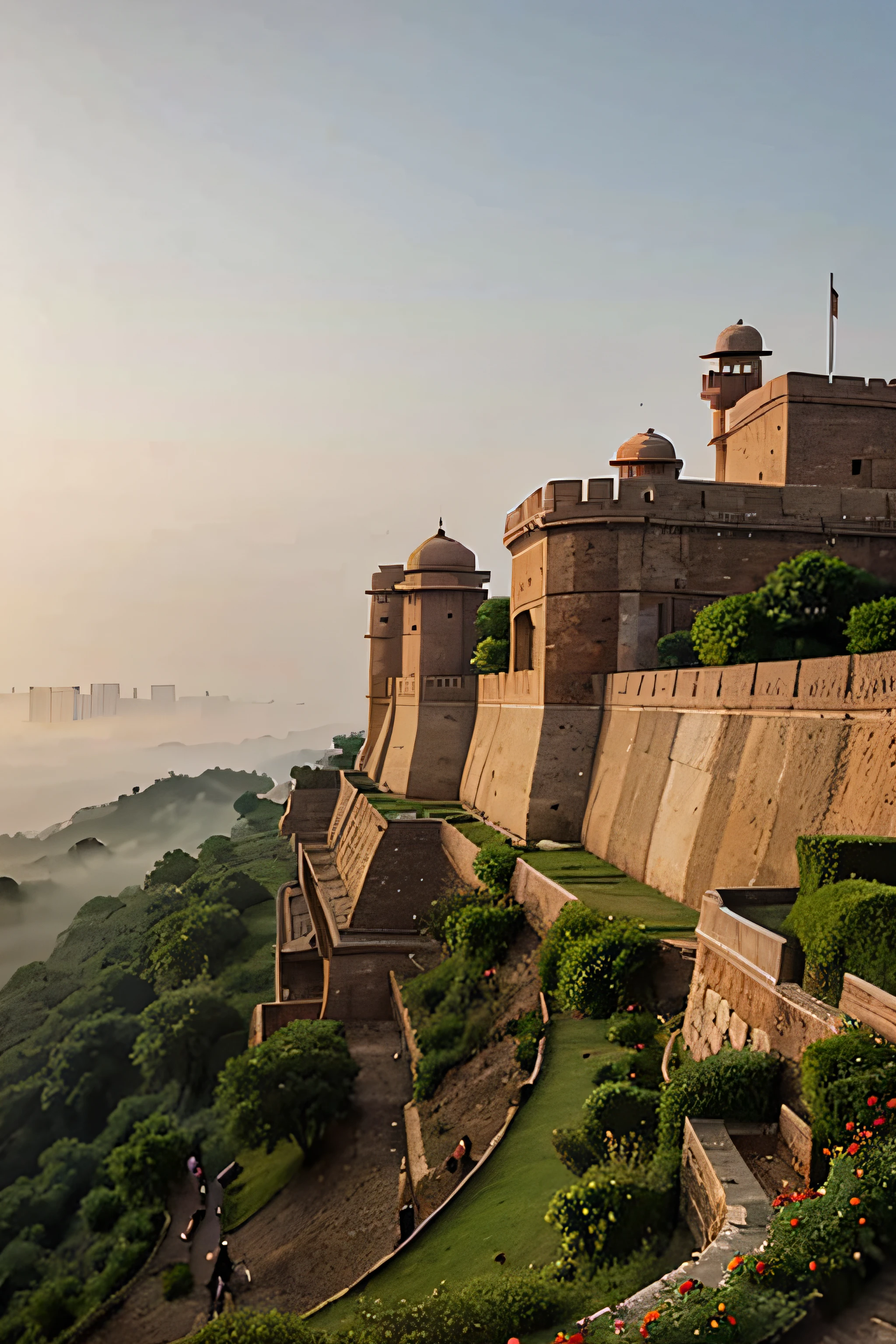 Create an image of mughal fort, far in background,faint in mist