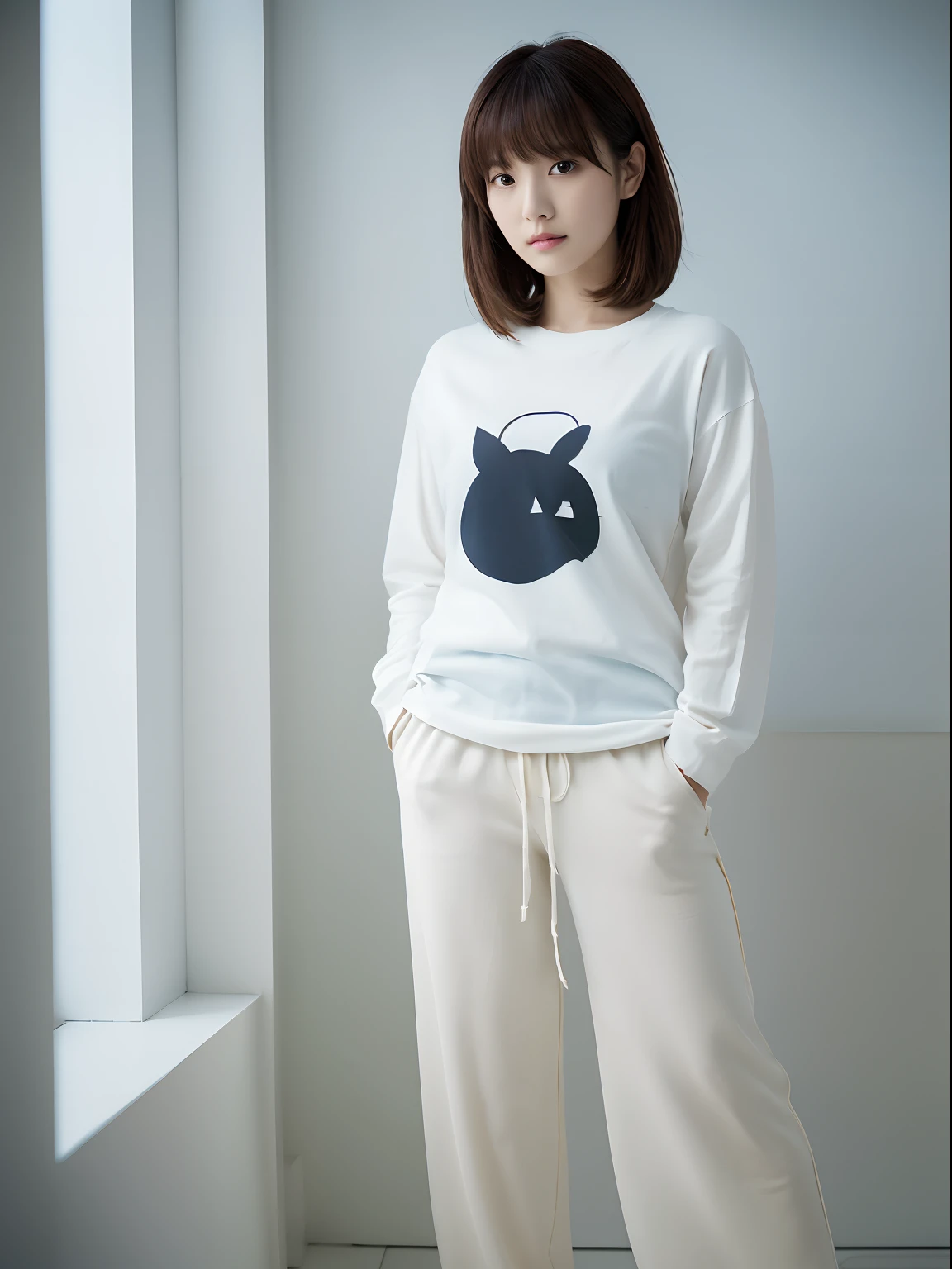 Japanese Girl sees the ghost and pees her black palazzo pants until her pants are wet in fright.