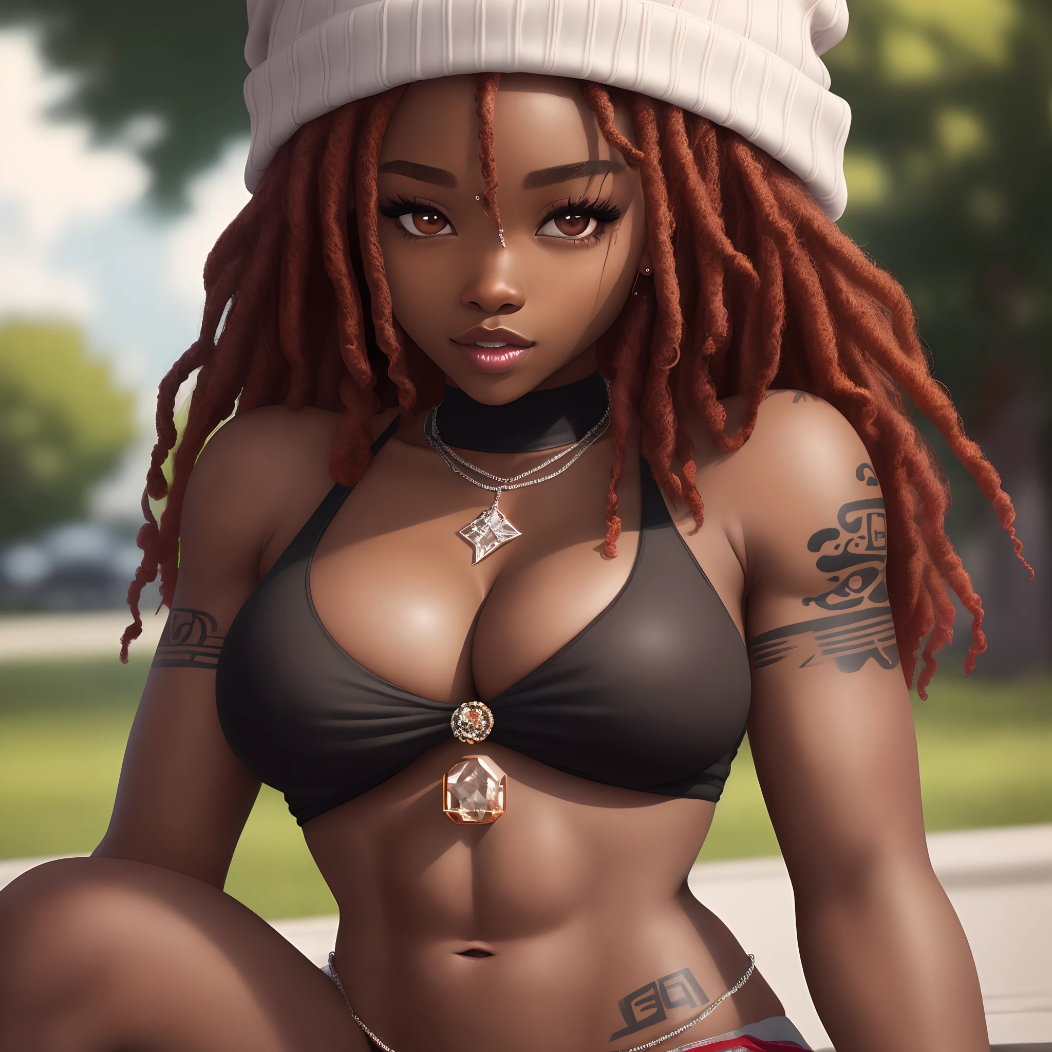 black girl with big tittys brown  eyes with a little bit of tattoos in between her chest, outside with  a diamond chain on  dark red curl hair bare shoulders smoking weed with a  beanie thats Cheree chilling wit dark skin dude with dreads and muscles 

highly detailed skin, 8k uhd, DSLR, soft lighting, high quality, film grain, Fujifilm XT3.