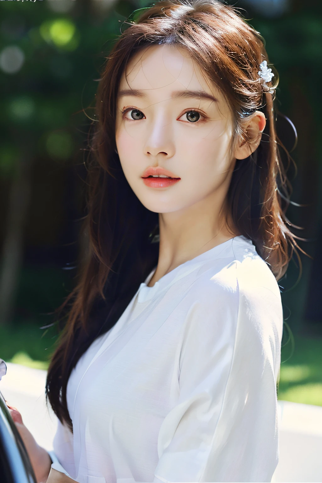 dressed, (photo realistic:1.4), (hyper realistic:1.4), (realistic:1.3),
(smoother lighting:1.05), (increase cinematic lighting quality:0.9), 32K,
1girl,20yo girl, realistic lighting, backlighting, light on face, ray trace, (brightening light:1.2), (Increase quality:1.4),
(best quality real texture skin), finely detailed eyes, finely detailed face,
(tired and sleepy and satisfied:0.0), face closeup, t-shirts,
(Increase body line mood:1.1), shiny skin