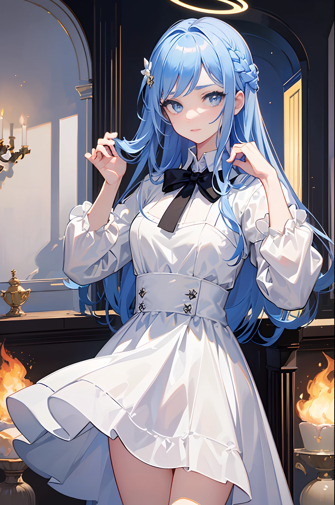 Masterpiece, Exquisite, illustartion, {Beautiful and meticulous girl}, Beautiful and detailed halo, (The Fire of War: 1.2), (nuclear explosion behind: 1.3), Sateen, detailed lighting, Item: Water, (beautiful and detailed eyes: 1.1), expressionless, palace, skyblue hair, Scattered hair, Long bangs, eyebrows, (white and gray dress: 1.1), black ribbon, white bowtie, Upper abdomen, big forehead, Dumb, flower, long sleeves