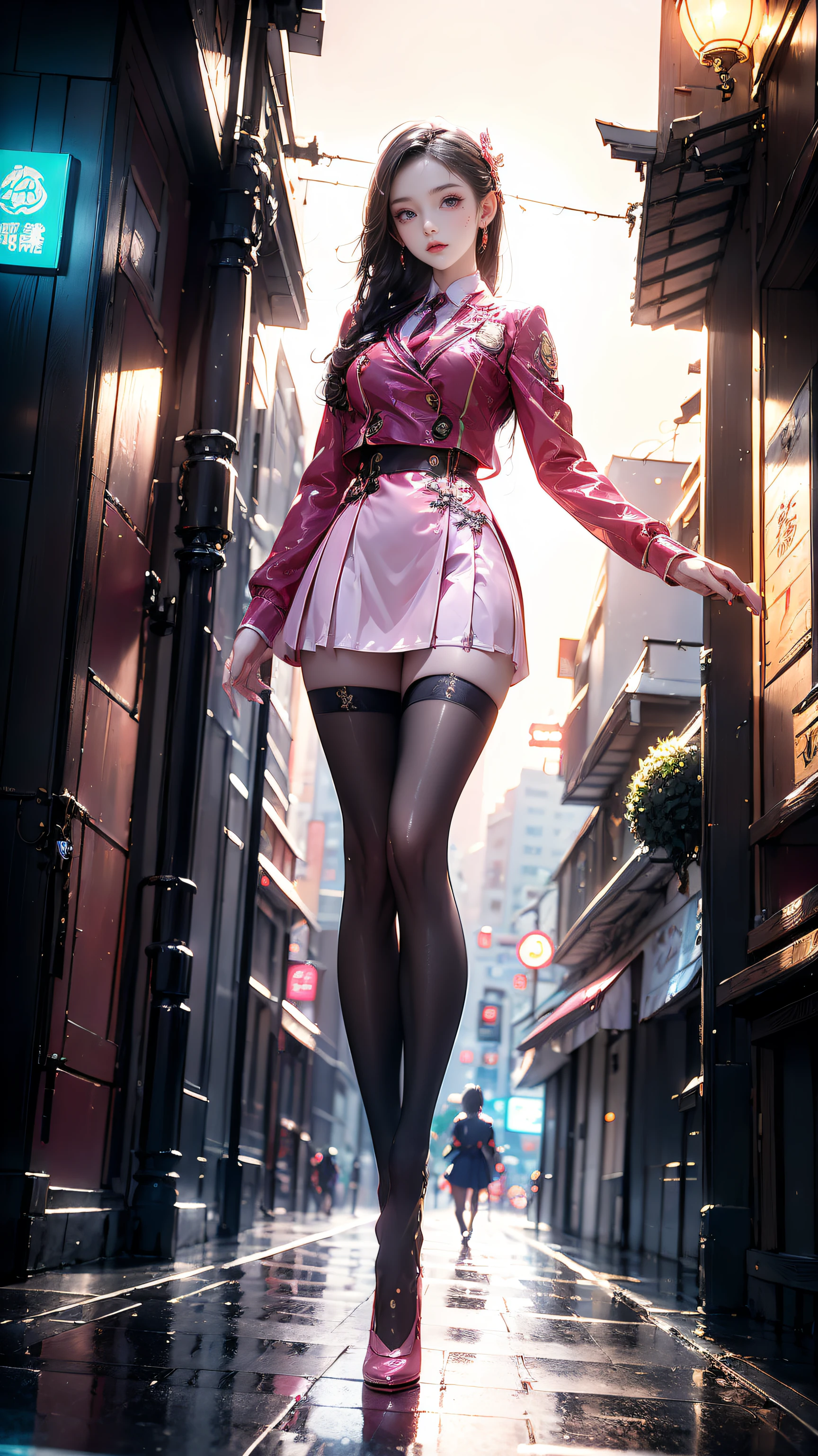 Masterpiece,Best quality,A high resolution, 1girll,From below,(Very thin and straight legs),,(Very long legs,Straight legs),,High heels,long leges,standing on your feet, Long legs as seen from the front, Perfect body,with perfect legs,(exteriors),full bodyesbian,cyber punk perssonage,dynamicposes,1girll,Elaborate Eyes,Brown eyes,eye shadows,putting makeup on,long whitr hair, 详细的脸, Detailed eyes, looking at viewert, blusher\(putting makeup on\), full pouty lips, Redlip,(long whitr hair:1.3), (standing on your feet)Mechanically static,Mechanical summoning,(hair adornments:1.1),head gear,((((Pink suit school uniform,Pink school uniform)))),(black lence stockings,Stocking suspenders),城市,Luminescent windings,Glowing butterflies,Cyberpunk lights:1.1),neonlight,Fully mechanical and futuristic elements,technologies,The background is a traditional Chinese street,china town, the street, Skysky, cyber punk perssonage, paper lanterns, Neon Super Resolution,(真实感:1.3),1(Slim:1.2),dramatic lights,vibrant detail,Luxurious cyberpunk,the complex background,rendering by octane,