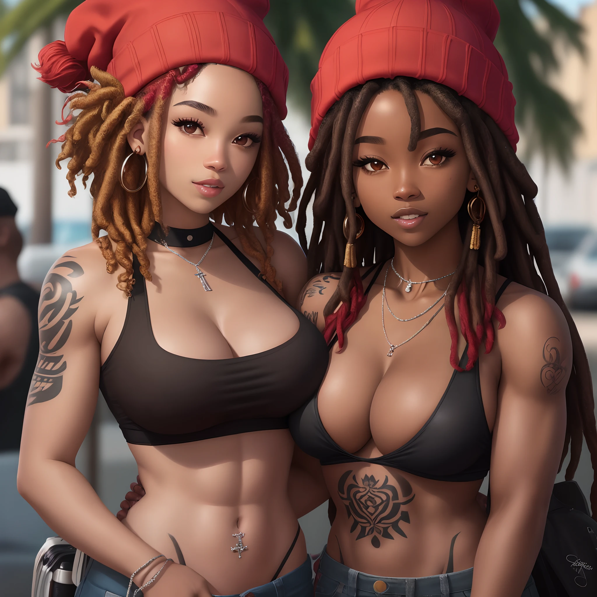 black girl with big tittys brown  eyes with a little bit of tattoos in between her chest, outside with  a diamond chain on  dark red curl hair bare shoulders smoking weed with a  beanie thats Cheree chilling wit dark skin dude with dreads and muscles 

highly detailed skin, 8k uhd, DSLR, soft lighting, high quality, film grain, Fujifilm XT3.