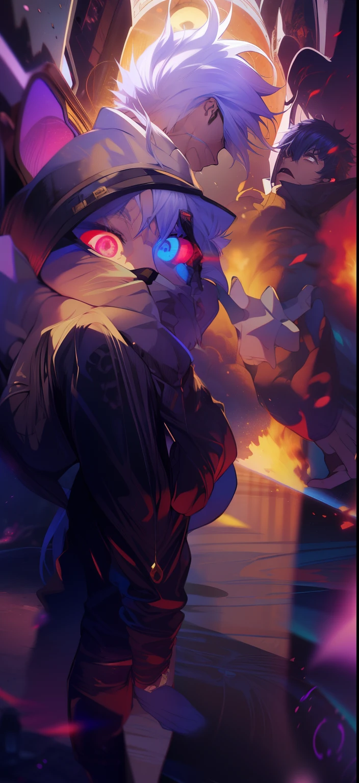 ((High detail、Cinematic lighting))、Messy white hair、aquamarine Eyes、White eyelashes、god light、Ray tracing、shadowing、Optical illusion、The upper part of the body、Looking at the camera、Masterpiece、((Super detail、Best quality、8K))、jujutsu kaisen、Gojo Gojo、Black attire、Surgery begins、Perfect black background、serene look、formidable presence、Enigmatic Atmosphere、(Strange moonshine、Ominous Shadows、 Intense Blue Aura、 Rich red glow、Symbolizes the power around him、Radiating Magical Energy、Mystical Artifacts、Ether-like granules、dynamicposes、epic soundtrack、(((The detailed hand)))、sunglass