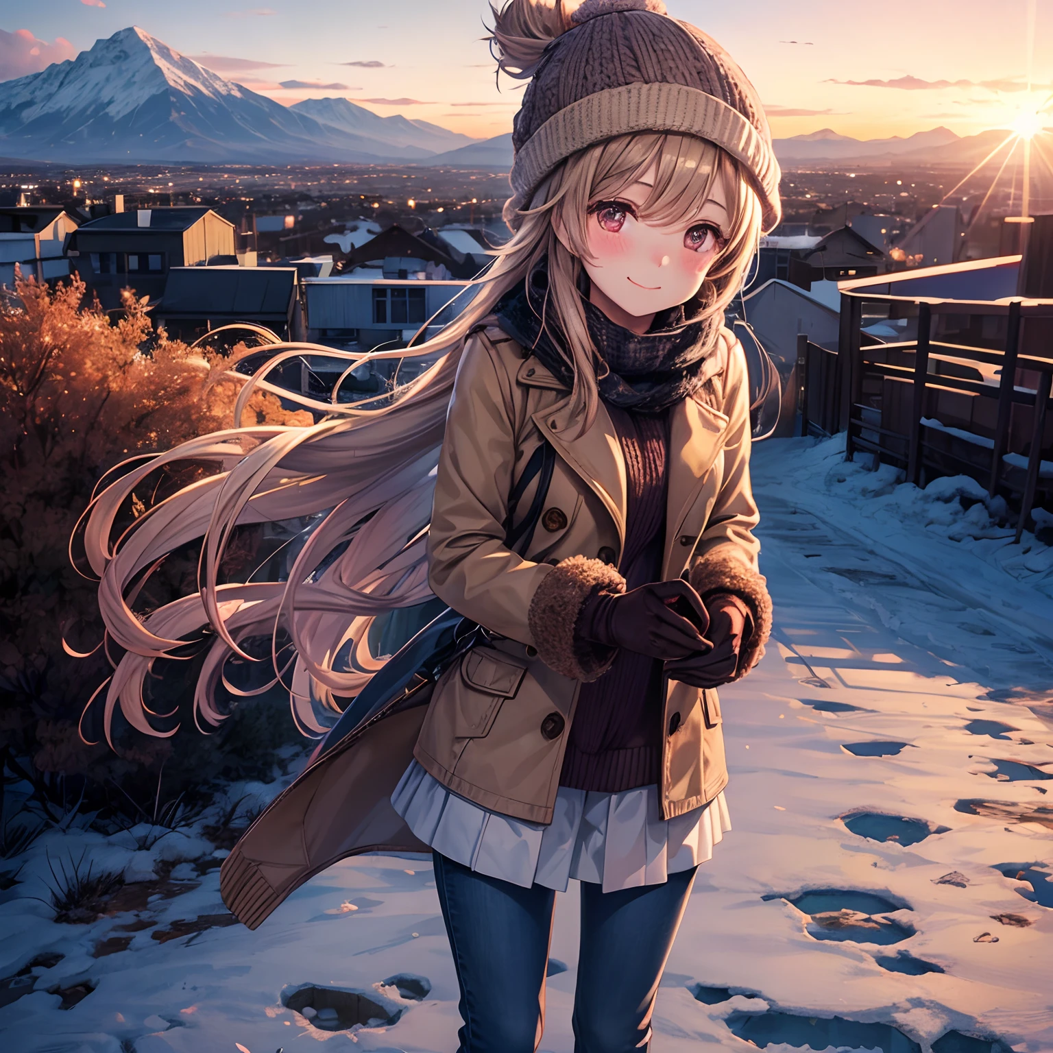 1girl in,Solo,Long hair,brown,blush,mournful smile,Sweaters,Long coat,jeans,long boots,(gloves),Yarn hat,Winters,yuki,kou,city,mountain road,Sunset,Best Quality,High quality,Detailed,High resolution,