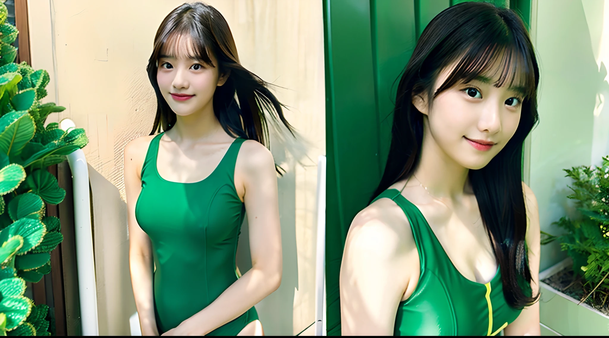 18-year-old beautiful woman in a green swimsuit