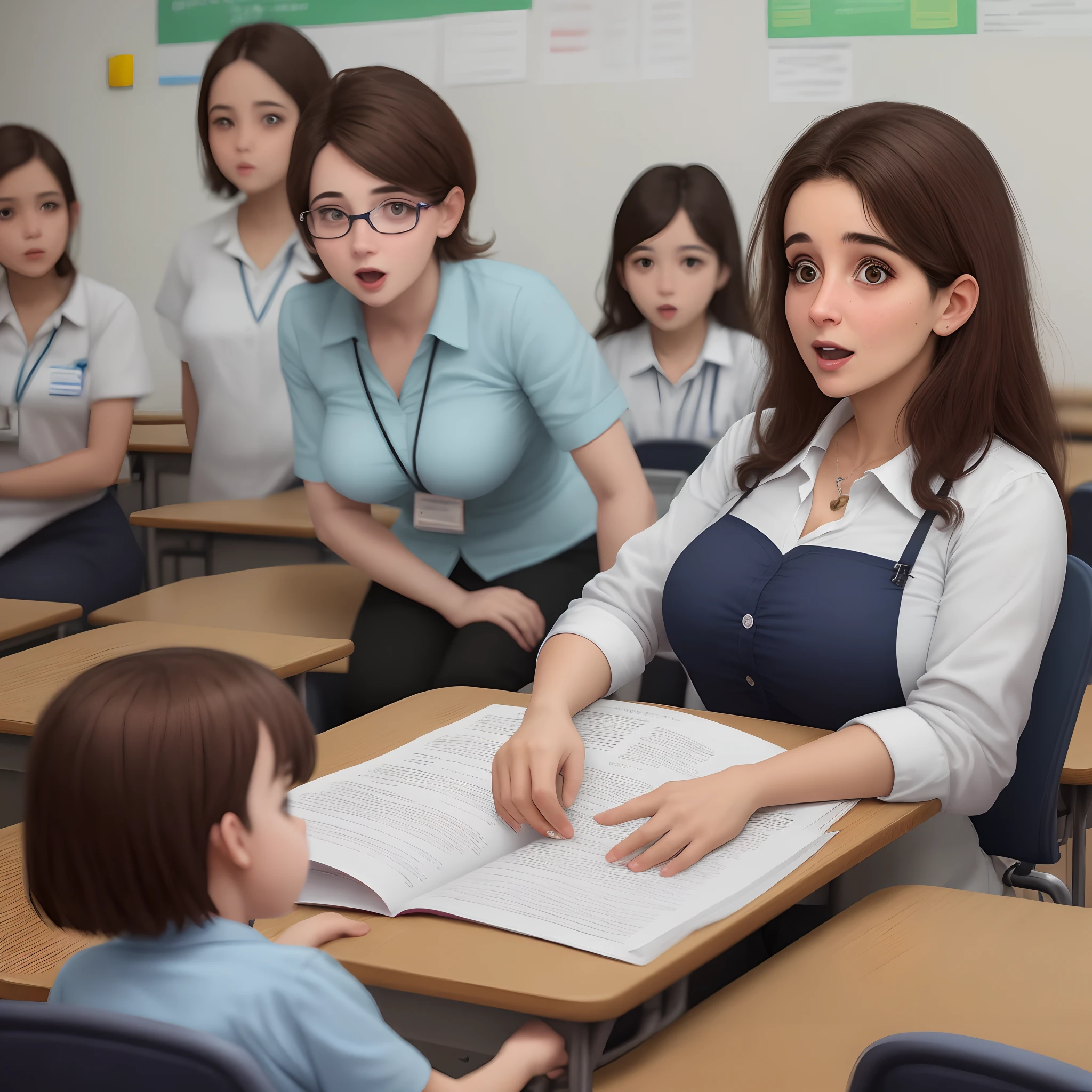 score_9, score_8_up, score_7_up, 10boys, 1girl, mature female, (mother and son), ???, ??? lying down ,  naked, woman holding penis,  in a crowded classroom, students taking pictures with cellphones, side view, woman kneeling, hand on head