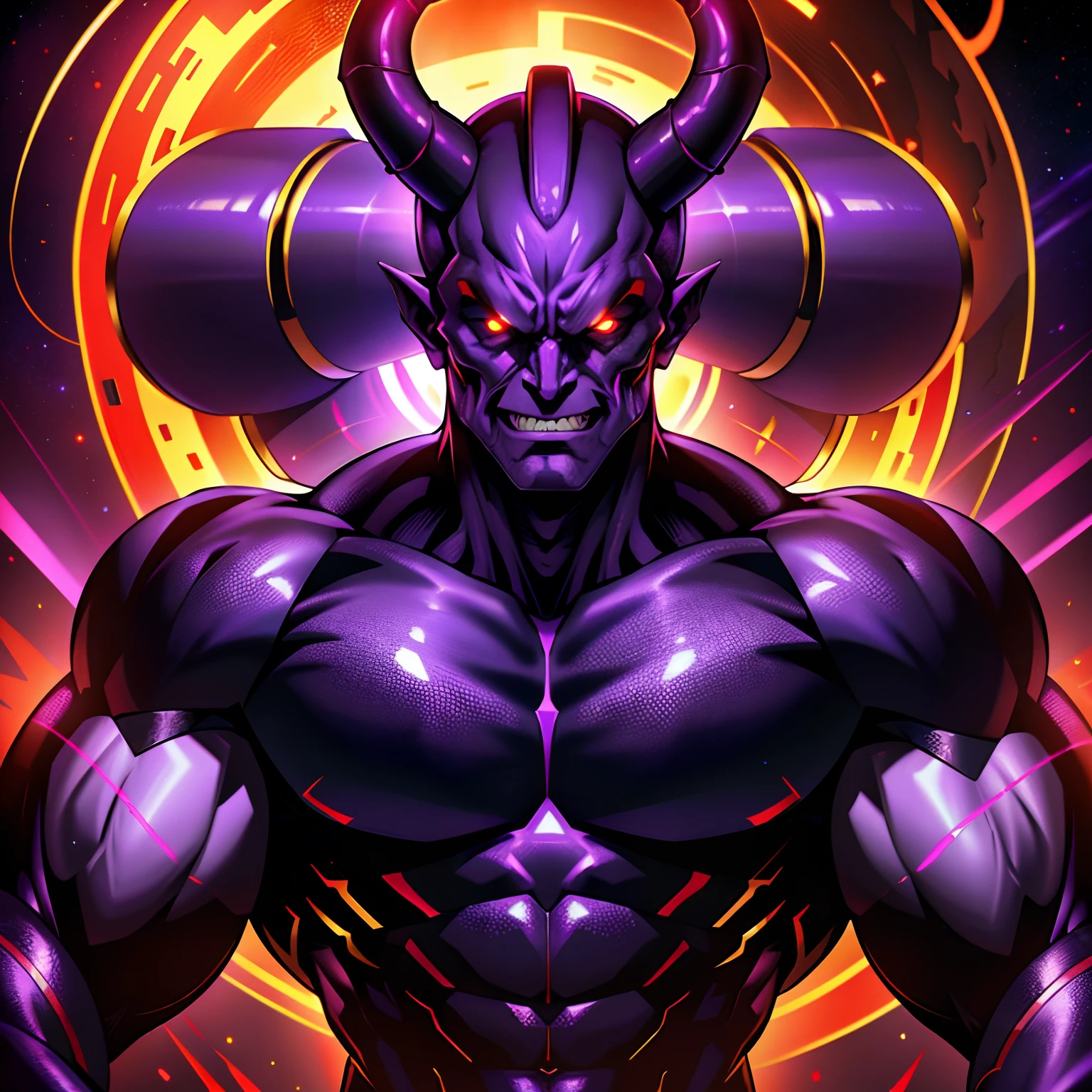 ((masterpiece)), ((8k resolution)), ((a demonic super villian)), huge, metallic, red eyes, in purple planet, muscular, strong, (((4k))), ((((highly detailed)))), strong, aura, glow, neon