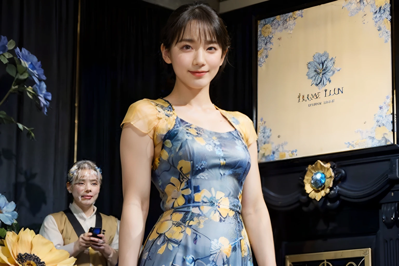 78
(20-year-old princess,is standing), (A hyper-realistic), (Masterpiece), ((short-hair:1.46)), (Smooth black hair), (breast:1.0), (kindly smile:0.9), (Blue and Yellow Floral Dress:1.46), Majestic palace, orange lipstick