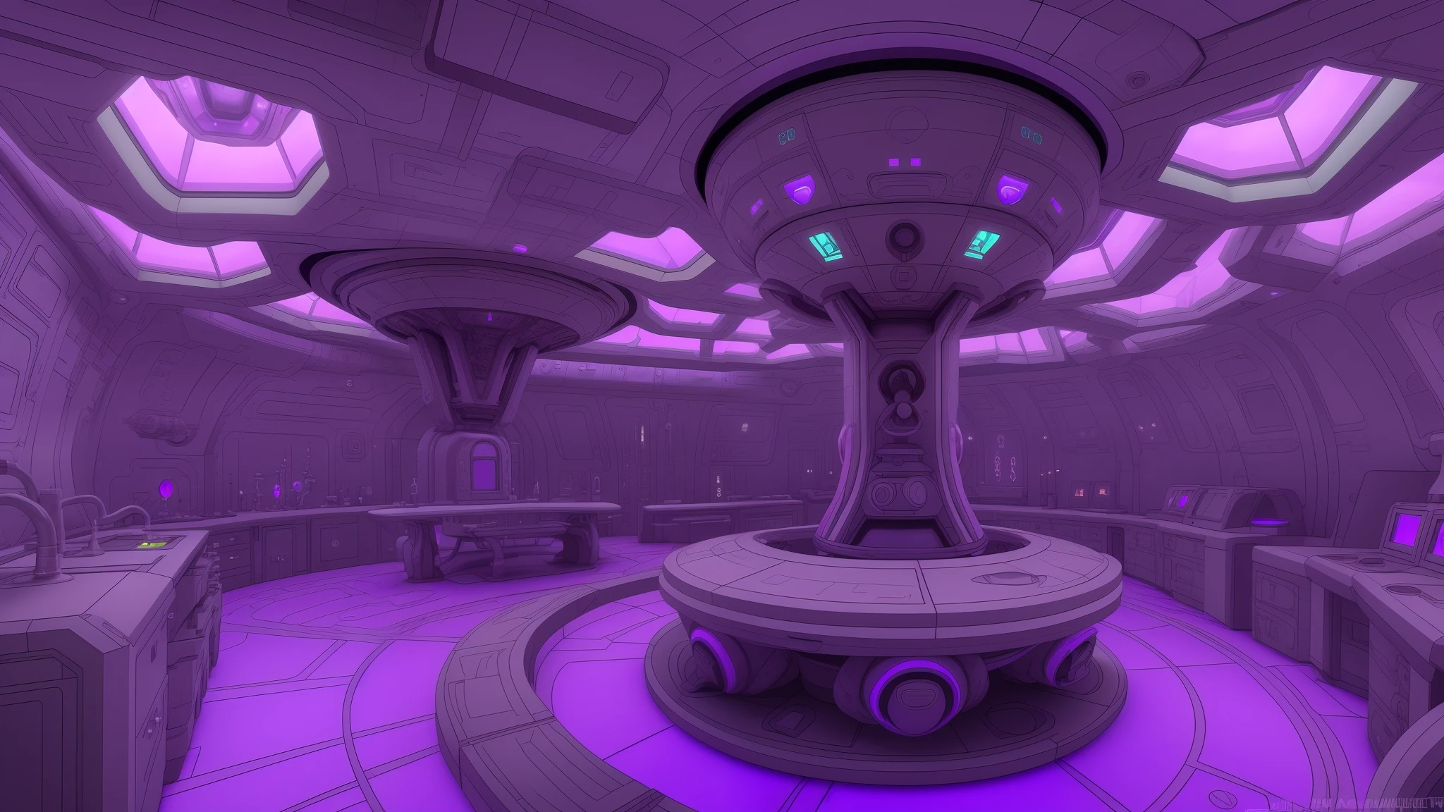 An alchemy lab that is designed to be very futuristic like the inside of alien spacecraft. It is cartoony but futuristic and purple is a common color