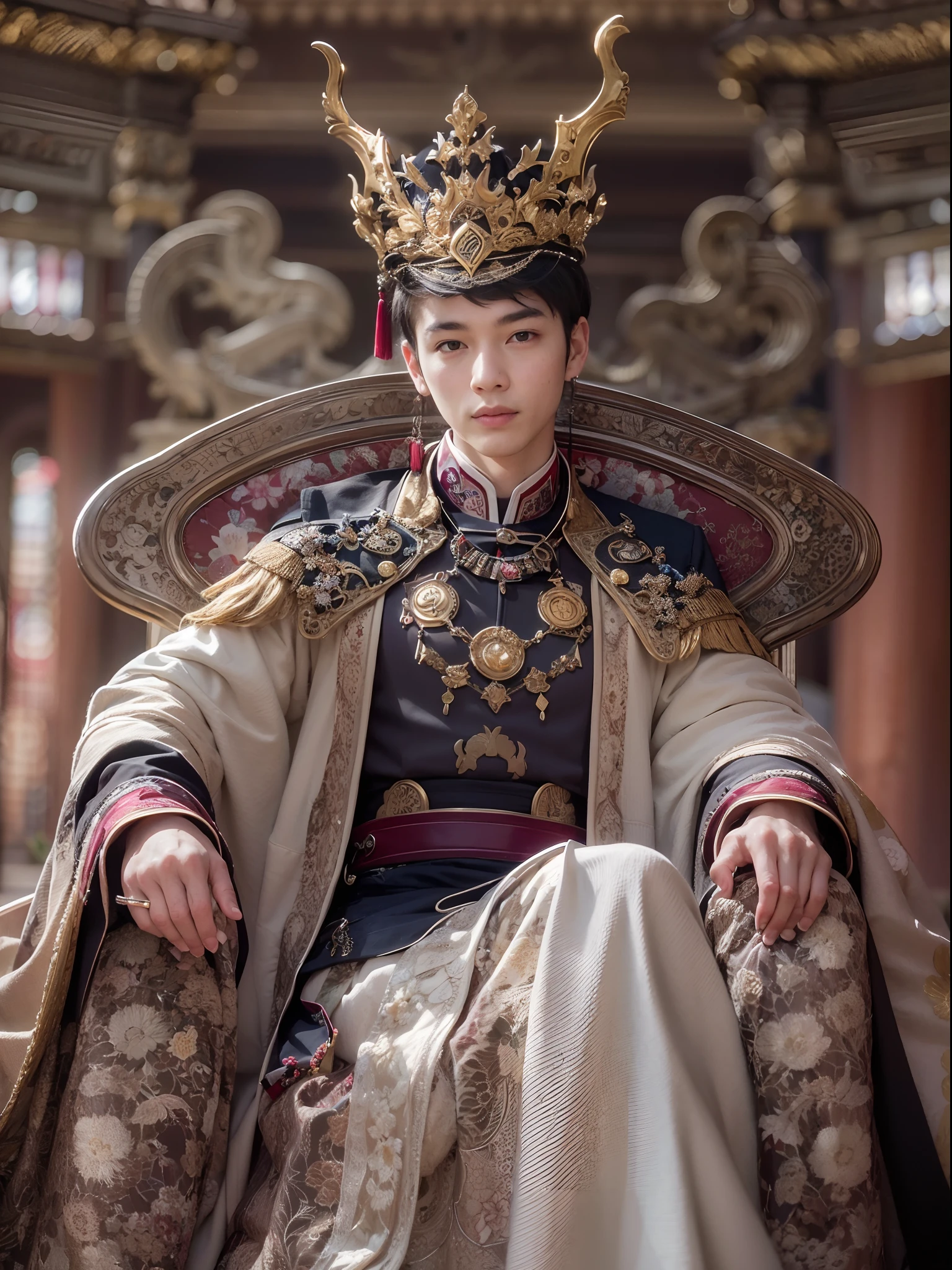1boys, (only male), A handsome and smiling 18-year-old male Chinese emperor sitting on a throne in the palace, Wearing dragon robes, Wearing the Great China crown, Very very handsome, ((Perfect face)), ((Perfect hands)), ((Perfect body)), ((Correct anatomy)), ((Ultra-realistic)), Highly detailed, Anatomy Human, Soft light, looking to the camera, full bodyesbian, full length shoot, Stay away from the lens, exquisite detailing, hentail realism & Professional photography, Sharp focus, Masterpiece, Best quality, 8K  UHD,