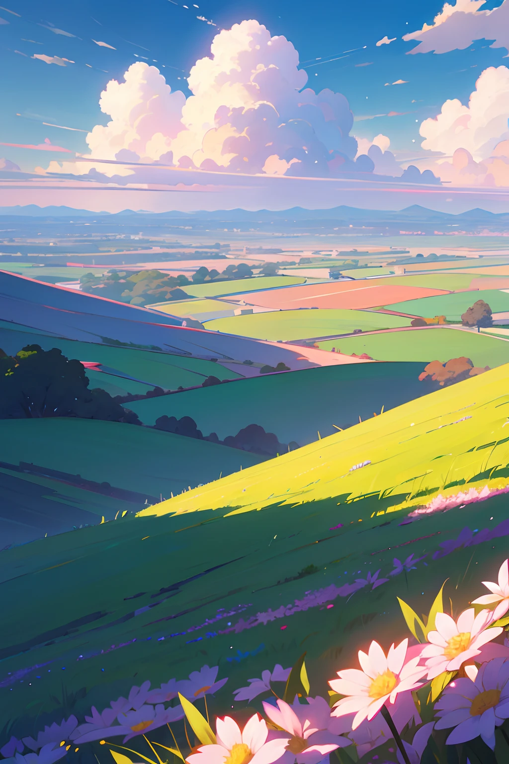 Anime landscape of a field with flowers and airplanes in the sky, beautifull puffy clouds. Anime, anime clouds, anime countryside landscape, Anime landscapes, by Ross Tran. scenic background, detailed scenery —width 672, rhads and lois van baarle, style of makoto shinkai, studio glibly makoto shinkai