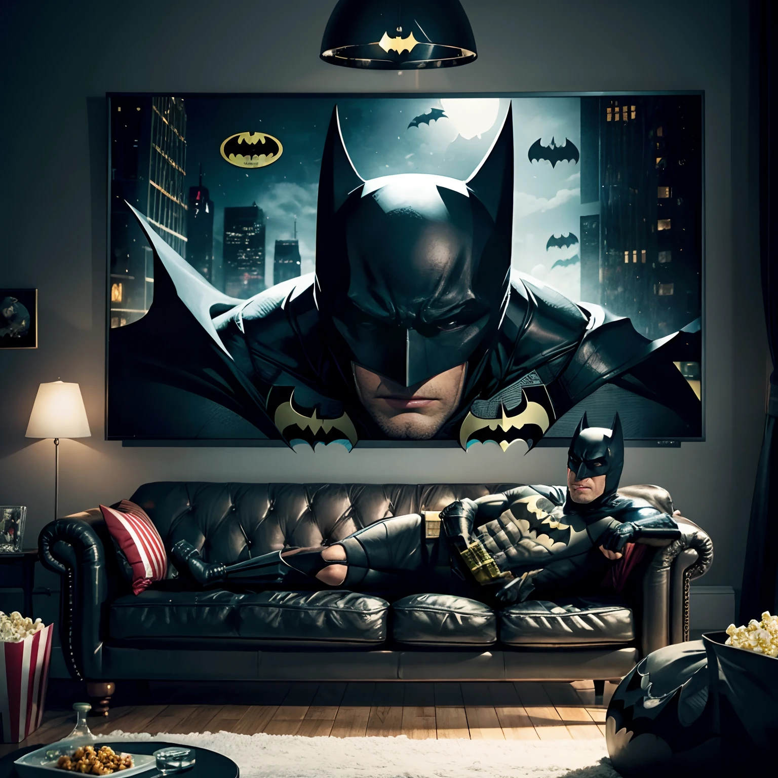 [in room, screen, showing batman : (batman:1.2), lying on sofa, watching the screen, relax, (popcorn, coke:1.1) : 6]
