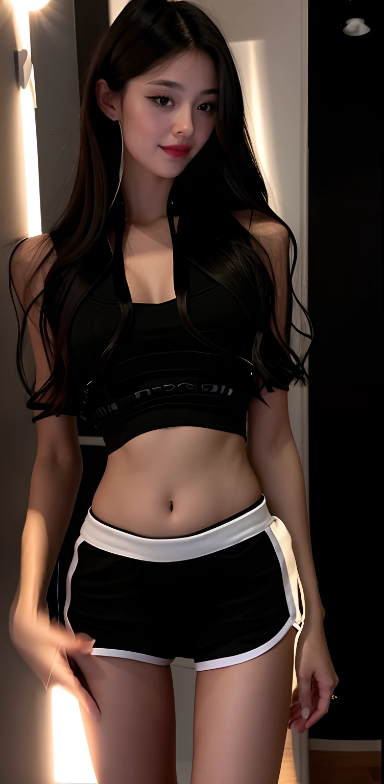 a close up of a woman in a black top and shorts, Her navel was exposed, Thin waist, Slender waist, Sexy body, sexy body and sexy abdomen, beautiful midriff, photo of slim girl, tinyest midriff ever, big breasts thin waist, Attractive body, Sexy hot body, photo of slim girl model, wearing sexy cropped top