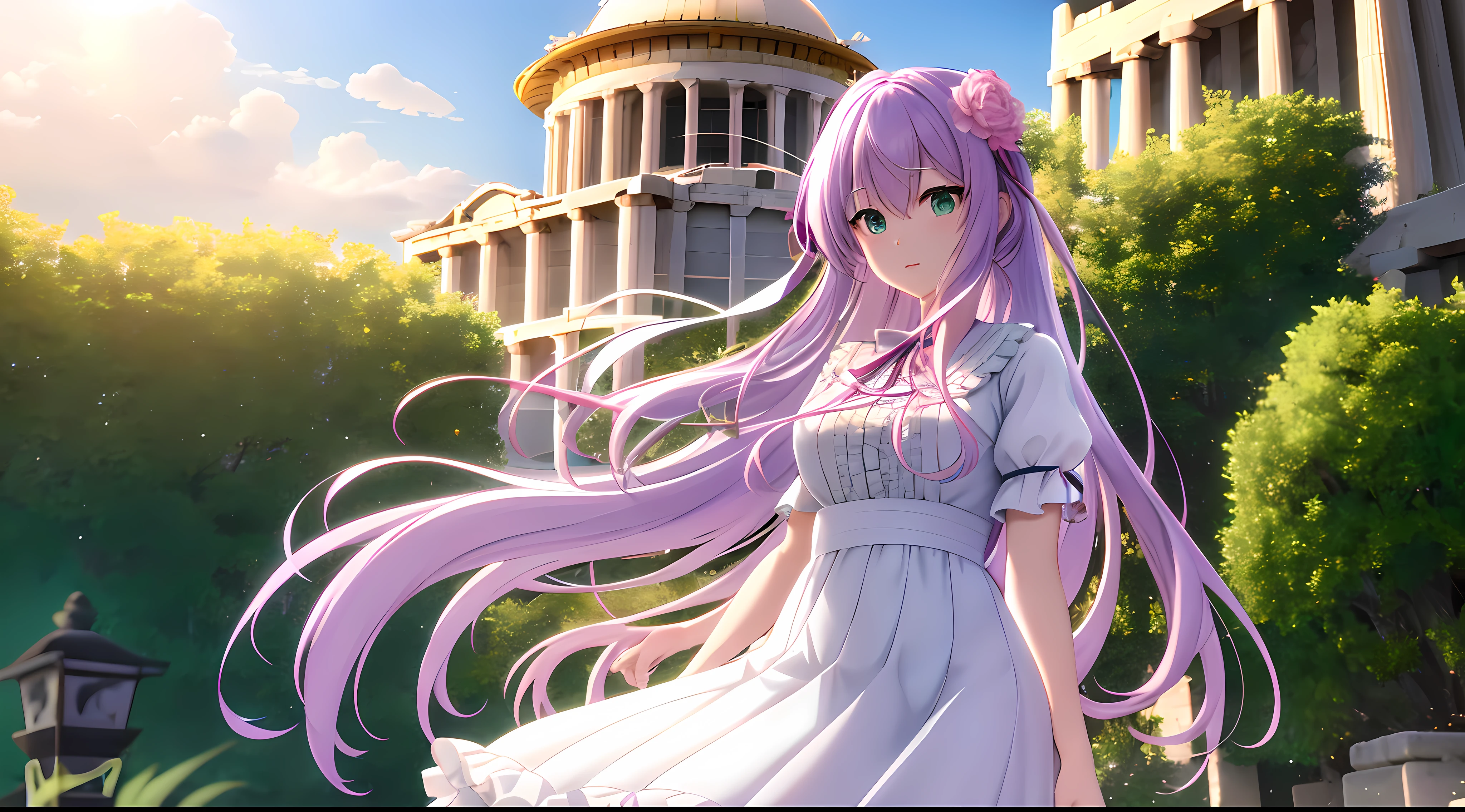 Athena with plain long light purple hair,hair between eyes,green eyes,rosy cheeks,full lips,thin eyebrows,slender body,wearing frills ribbons lace dress and full long skirt,cute anime girl,full body,athens temple roof in background,anime style,Lumen Reflections,Screen Space Reflections,Diffraction Grading,Chromatic Aberration,GB Displacement,Scan Lines,Ray Traced,Anti-Aliasing,FXAA,TXAA,RTX,SSAO,Shaders,OpenGL-Shaders, GLSL-Shaders,Post Processing,Post-Production,cell Shading,Tone Mapping,CGI,VFX,SFX,insanely detailed and intricate, 4K,standing, solo, masterpiece, best quality, detailed face, detailed eyes, highres, standing, solo,masterpiece, best quality