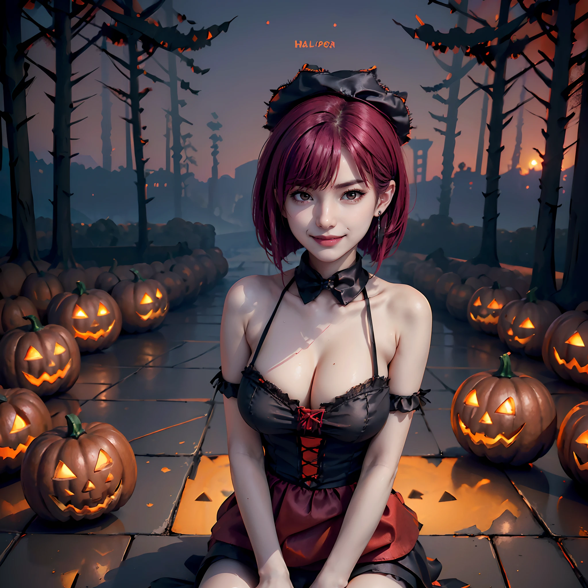 (halloween theme:1.5), (Fantasy:1.5), (Alice in Wonderland:1.3), Upper body portrait of a beautiful woman with very big breasts in Halloween Little Red Riding Hood costume, Full Lace Super Detailed Embroidery Dirndl for the skin, (A fusion of red satin Diandre and Gothic Lolita:1.3), BREAK, ((;D1.3, Happy evil smile:1.2)), Perfect face,Perfect eyes,HD details,high details,Sharp Focus,studio photo,HD makeup,shimmery makeup,celebrity makeup, (Bust-up images:1.5), ((Centered image)) (HD render)Studio portrait,Magic, Magical, Fantasy,(Huge breasts)(Large breasts),(Big breasts),(drooping chest), tree, forest, Halloween Forest, jack-o-lanterns, Pink hair, Halloween Backgrounds, Bright pumpkin, (Red Food Wife, (red hood, Cap)), ((arms behind back:1.3), (Hands between legs:1.3),(Front view:1.3)), wolf, From above,