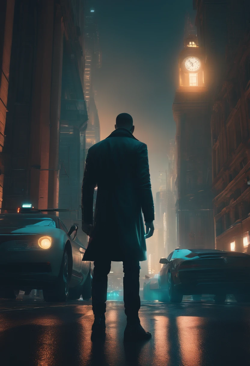 Man walking in the city at night with a large clock tower in the background々, in a futuristic cyberpunk city, Futuristic cyberpunk scenarios, arstation and beeple highly, in fantasy sci - fi city, sci-fi cyberpunk city street, busy cyberpunk metropolis, 3d render beeple, cinematic beeple, cyberpunk city street, in style of beeple