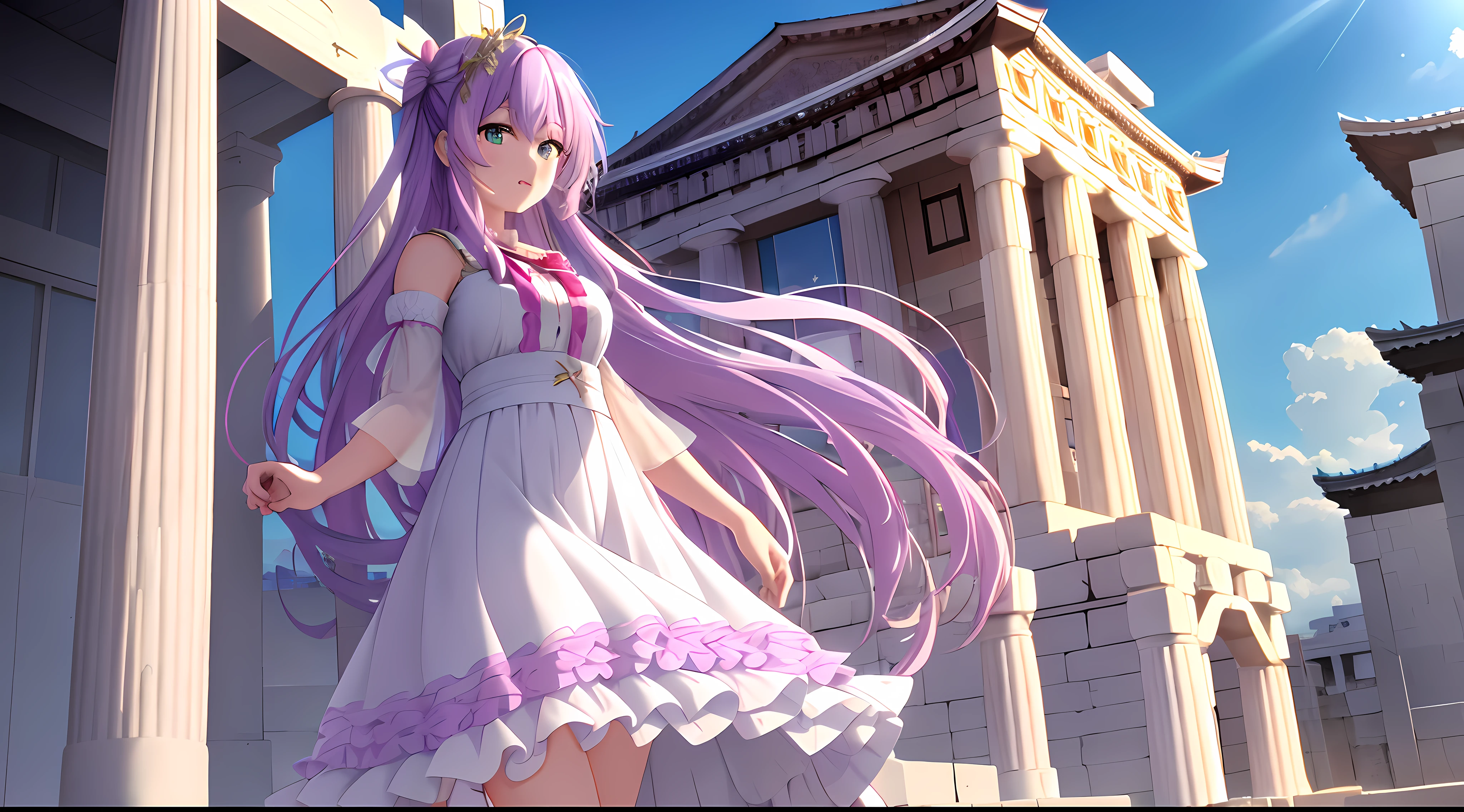Athena with plain long light purple hair,hair between eyes,green eyes,rosy cheeks,full lips,thin eyebrows,slender body,wearing frills ribbons lace dress and full long skirt,cute anime girl,full body,athens temple roof in background,anime style,Lumen Reflections,Screen Space Reflections,Diffraction Grading,Chromatic Aberration,GB Displacement,Scan Lines,Ray Traced,Anti-Aliasing,FXAA,TXAA,RTX,SSAO,Shaders,OpenGL-Shaders, GLSL-Shaders,Post Processing,Post-Production,cell Shading,Tone Mapping,CGI,VFX,SFX,insanely detailed and intricate, 4K,standing, solo, masterpiece, best quality, detailed face, detailed eyes, highres, standing, solo,masterpiece, best quality