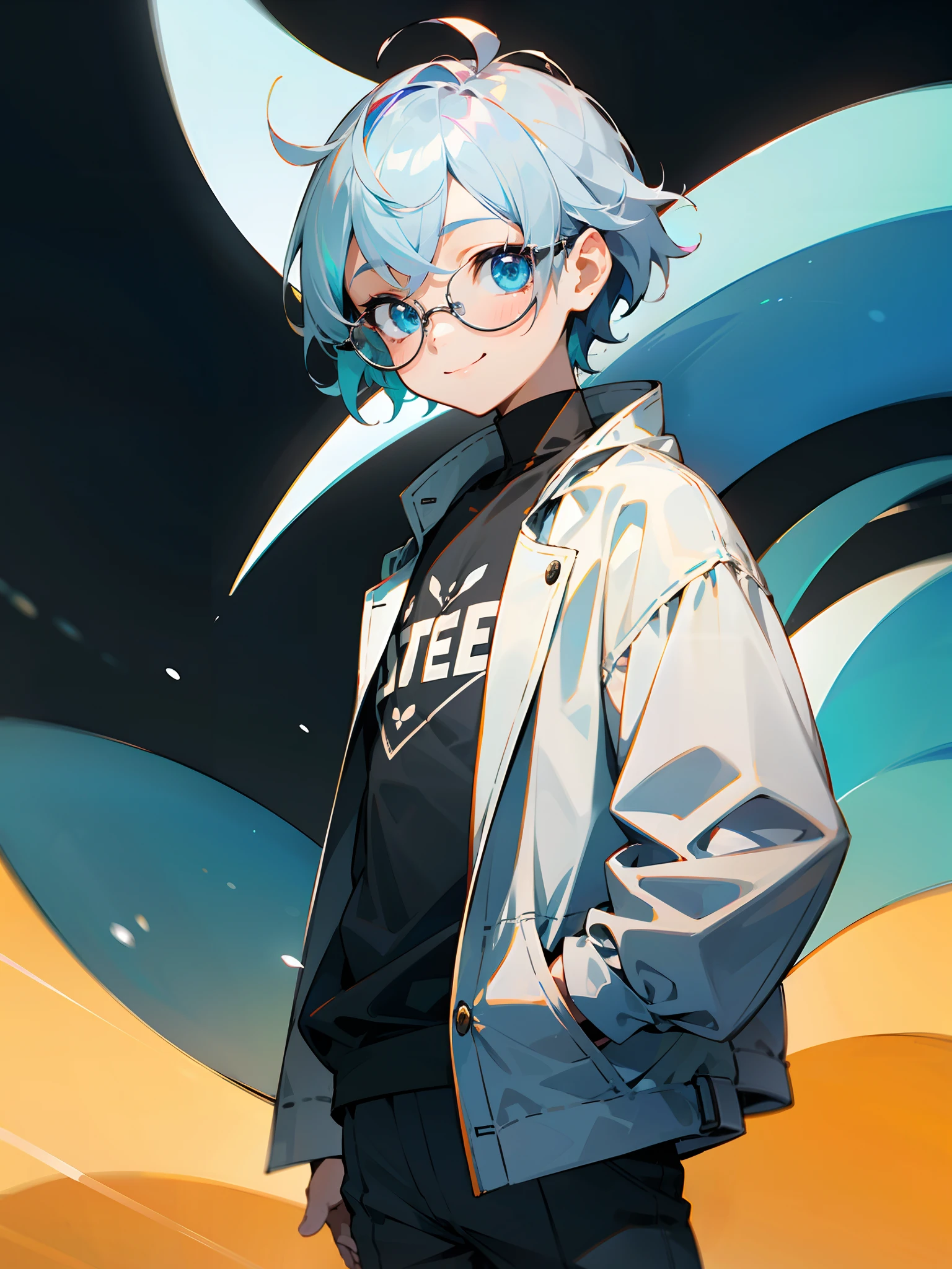 (Male child、Black glasses、blue eyess、 silber hair、A smile、a cool),独奏,cowboy shot,Iridescent background