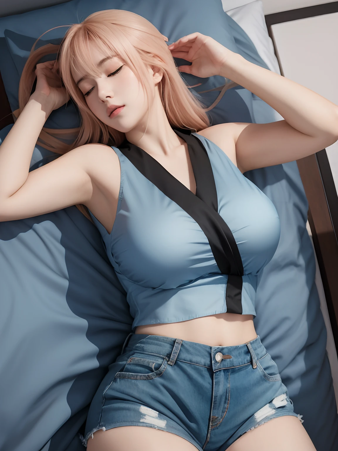 anime girl laying on a bed with her head on her hands, seductive anime girl, lying at the bed, guweiz, relaxed pose, laying on a bed, artwork in the style of guweiz, on my bed, anime girl, anime vibes, lying in bed, realistic anime 3 d style, laying back on the bed, attractive anime girl, close eyes,