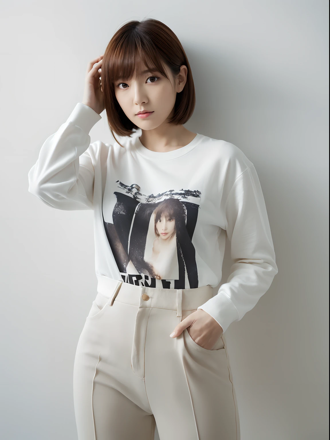 (((masterpiece,top-quality))), (photographrealistic:1.4),((masutepiece,8K)),hight resolution, Japanese, 1 beautiful woman, Medium Hair, faint thin bangs, Age 32 years old, Detailed skin, long-sleeve, T-shirt, wide-leg pants, Standing, White background, White Room,white walls, fully body photo