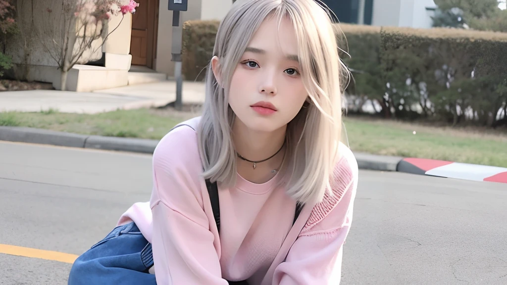 mix4,(top-quality), (Photorealsitic),(A little rural background:1.2), 1womanl, The whole body is reflected, High Detail Face,, (Silver hair)、 (8K)、(Long bangs:1.5)、(medium-Long hair:1.6)、Strong eyes、Delicate and realistic skin and hair、(cowboy shot:1.5)、Oversized Sportswear、(Bleached pale purple hair:1.5)、Less hair、adultlike face、Looking here、(Clothing that covers the shoulders:1.5)、(Winter clothes:1.5)、inner colored、1 persons、Dramatic、Layered Hair Color、model poses、Twisting the body、Beautiful body lines、(mode:1.8)、Cool、(Sharp eyes:1.5)、straight haired、moderno、Edgy hairstyles、You can see all the hair、(Sitting on the floor:1.8)Manly sitting、