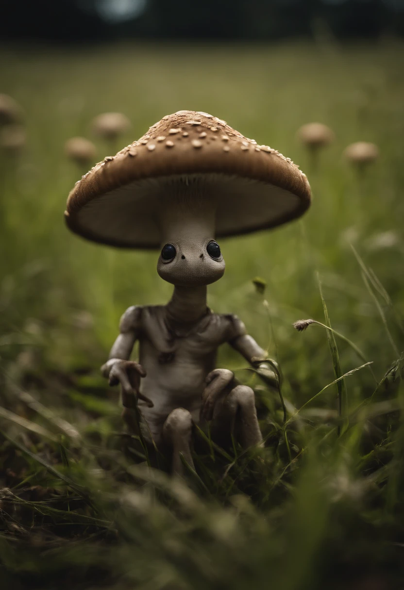 In Mississippi Sitting in feild of grass with space atmosphere and aliens walking around with mushrooms on the ground