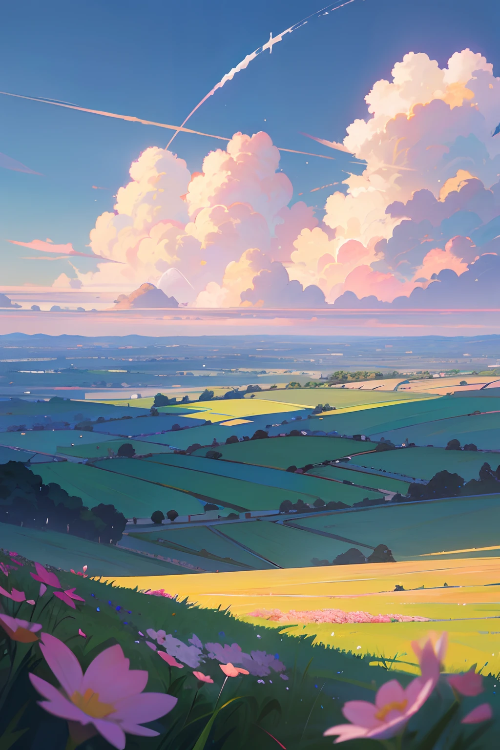 Anime landscape of a field with flowers and airplanes in the sky, beautifull puffy clouds. Anime, anime clouds, anime countryside landscape, Anime landscapes, by Ross Tran. scenic background, detailed scenery —width 672, rhads and lois van baarle, style of makoto shinkai, studio glibly makoto shinkai