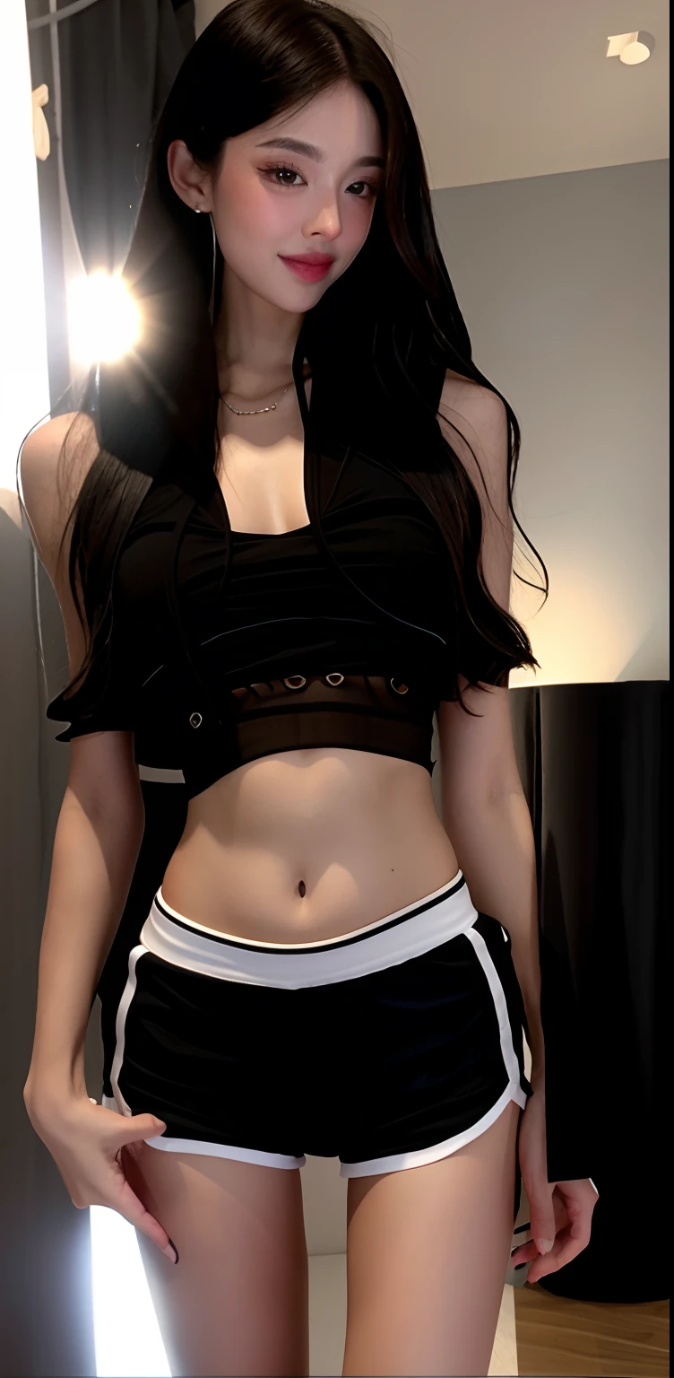 a close up of a woman in a black top and shorts, Her navel was exposed, Thin waist, Slender waist, Sexy body, sexy body and sexy abdomen, beautiful midriff, photo of slim girl, tinyest midriff ever, Big breasts Thin waist, Attractive body, Sexy hot body, photo of slim girl model, wearing sexy cropped top