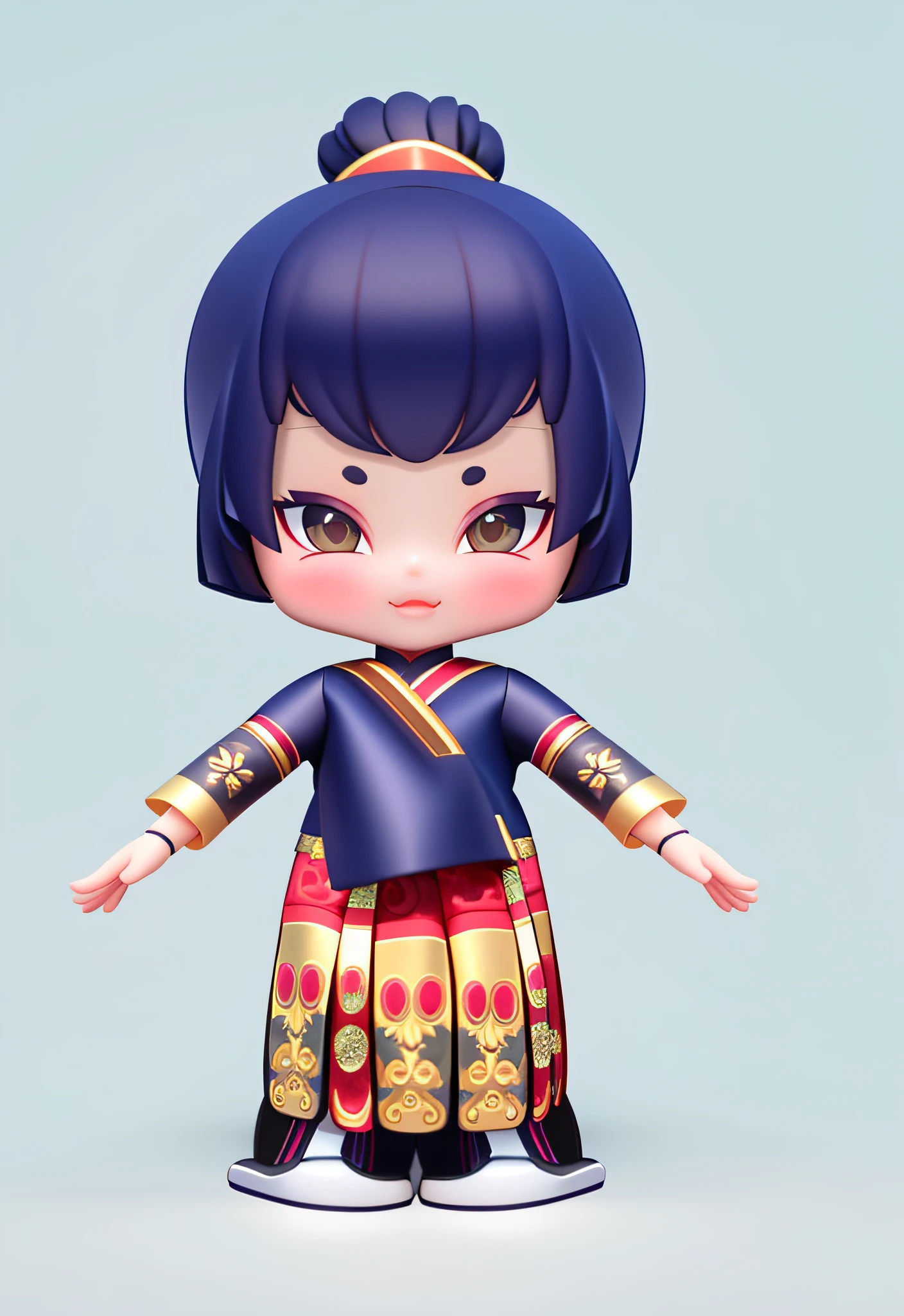 One Little Girl，Wear traditional Miao costumes，The hair is navy blue，，Blue Tops，Black skirt，Black shoes