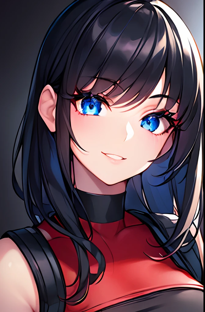 (best quality, masterpiece:1.2), ultra-detailed, upper body picture of a girl, techwear, red and blue crop top, black jacket, beautiful detailed eyes, beautiful detailed lips, extremely detailed eyes and face, long eyelashes, smile, short black hair, vivid colors, studio lighting, dithering, 4k, 8k, highres