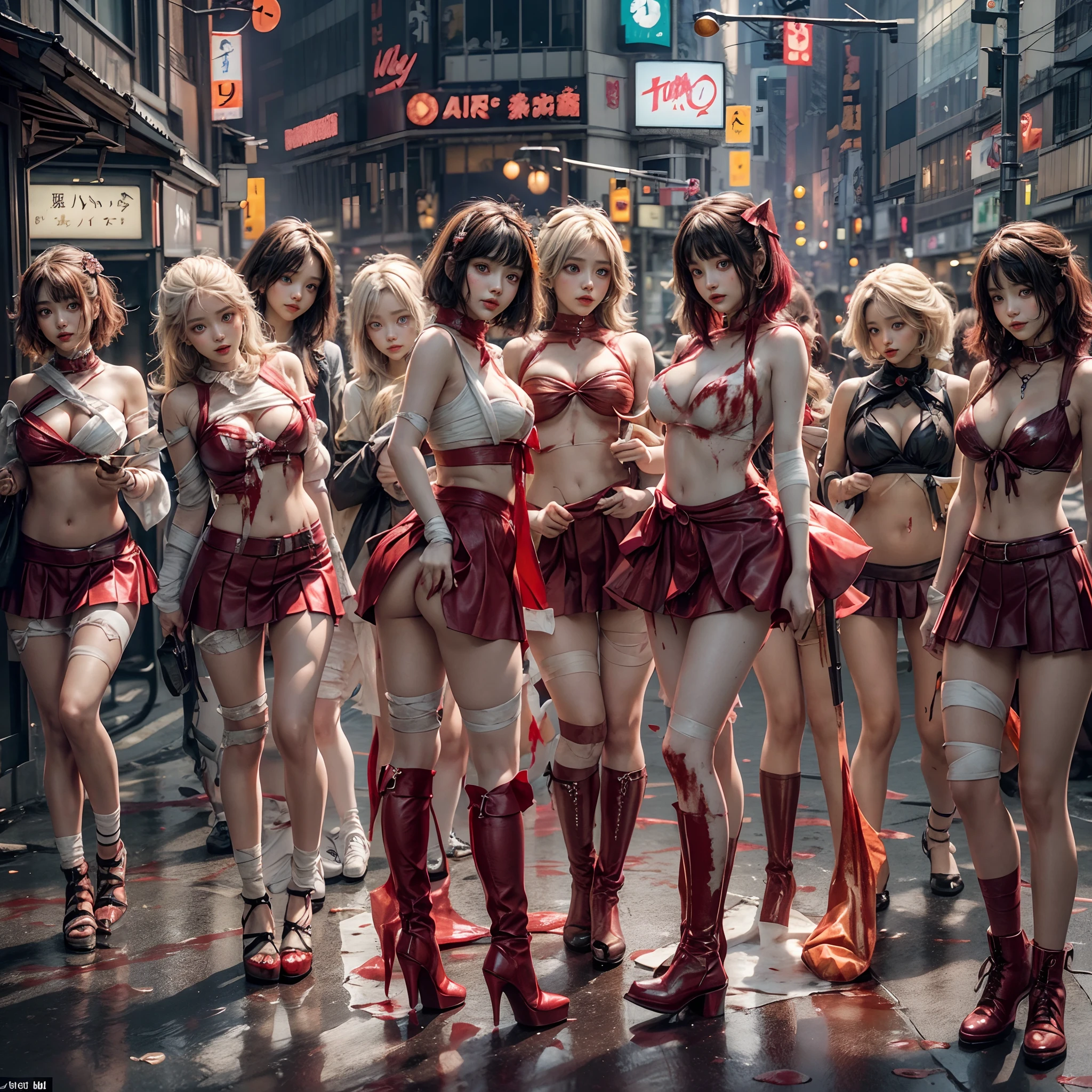 (((SFW, NSFW STILL SHOW, 12 Tiny Girls in a row:1.2, Shibuya Hachiko-mae scramble crossing on Halloween:1.2))), ((masterpiece:1.2, best quality, photorealistic:1.37)), {(Standing Full Body:1.2)|(from below:1.2)}, bandaged full body, { (bandaged head| bandaged limbs | Blood is dripping from the crotch) }, {((naked bandage))|metallic red nipple stickers}, {((bloody))|blood paste|(Blood-stained bandages| bloody inner thighs)}, ((Detailed KAWAII face, Detailed glistening ivory skin)), {Bustling street|Crossroads|(Passerby schoolgirls)| halloween| neon}, {(Childish:1.2|Gigantic Cleavage:1.37|Underboob:1.2)}, {Red leather high collar| random weapons|shotgun|random hair colors}, {Floating hair|Strong wind|(((Ass focus)))}, Skirtlift, {(Kissing face to face)|:p|:d|laugh|sparkle|joyful|delighted|Drunk},extremely Detailed,