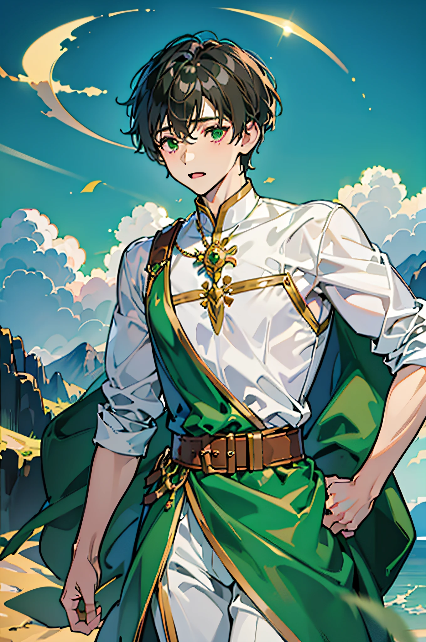 (in 8K、top-quality、masterpiece:1.2)、1 boy、short-haired、Hair short、Brown-skinned、Green View、
