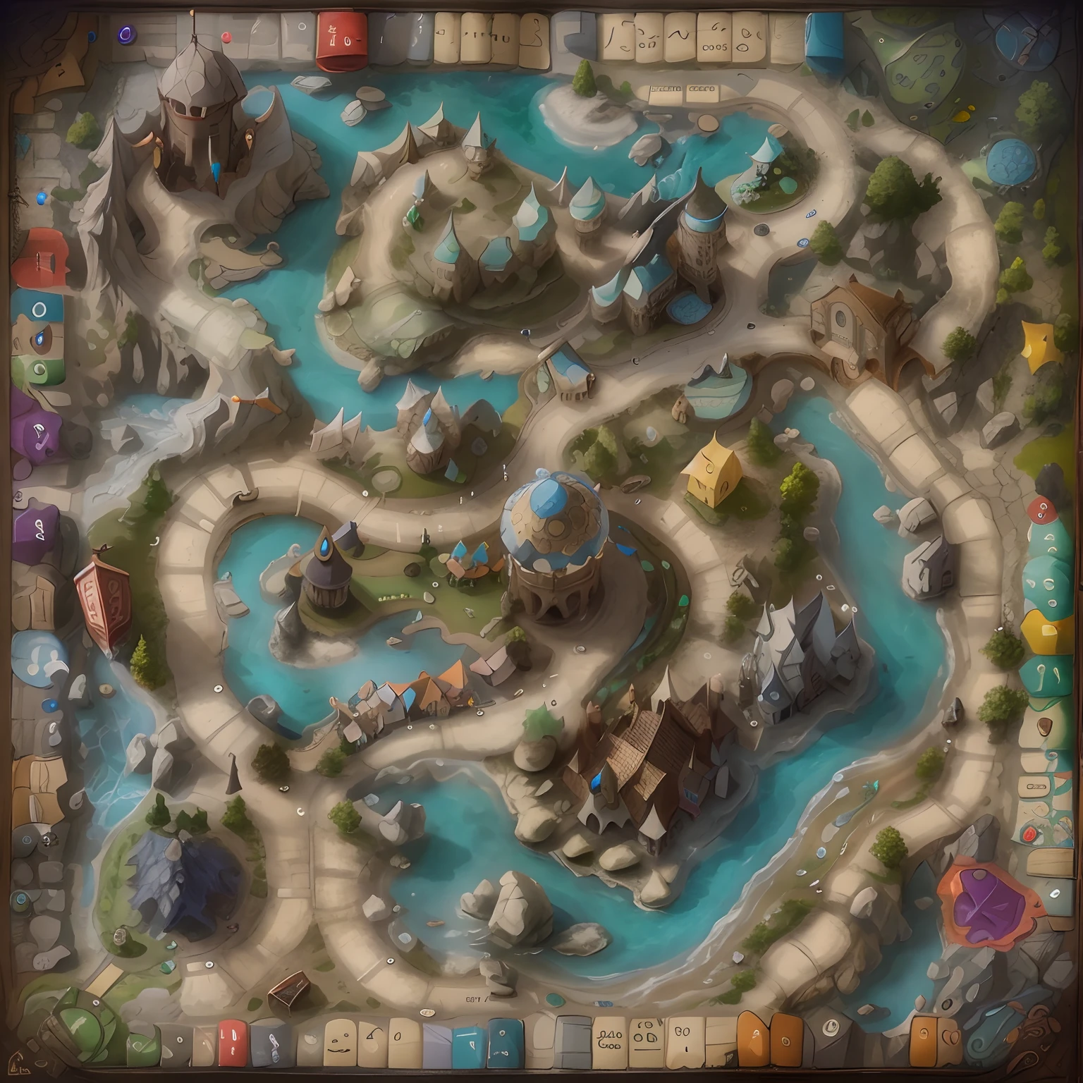 a close up of a board game with a map , game map, tabletop game board, game board, fantasy map, game top down view, fantasy cartography, detailed fantasy map, gridless dnd map, game overlay, fantasy highly detailed, an isometric fantasy map, fantasy battleground, fantasy game art, tabletop gaming, detailed screenshot
